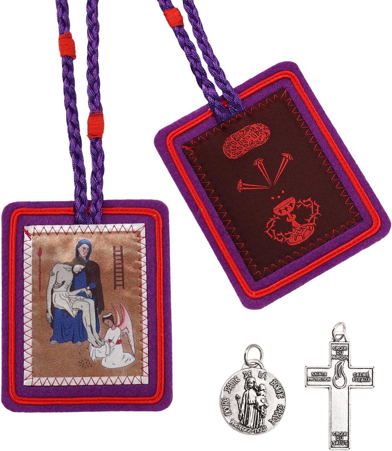 Escapularios Catolicos,Purple Scapular Catholic Marie Julie Jahenny of Benediction with Protection Cross of Forgiveness and Medal of Our Mother of Good Guard,Catholic Scapular Morado Catolico