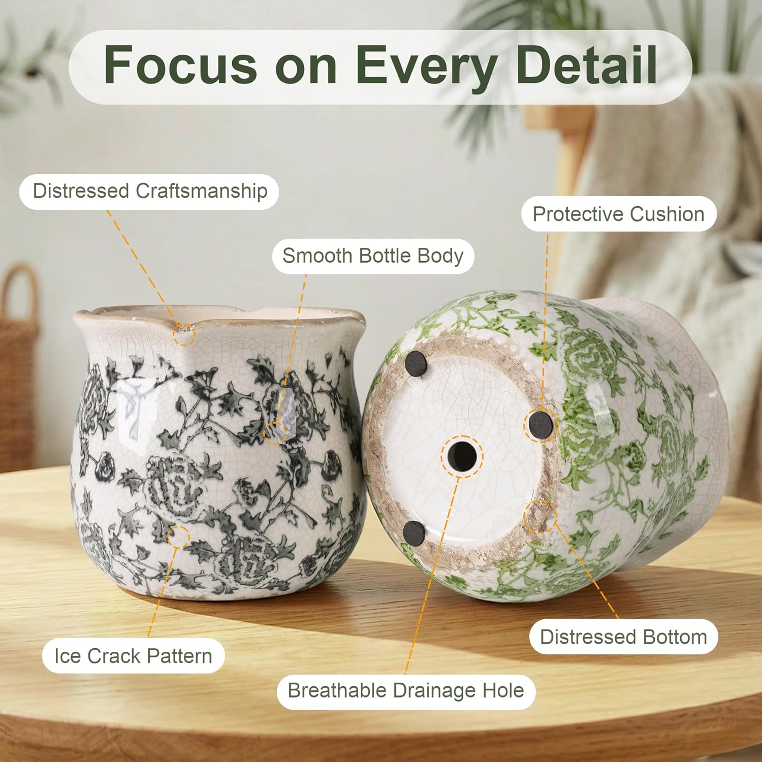 DREAMLOOM Vintage Ceramic Planter for Indoor Plants,6.1" Ice Crack Cottage Scroll Vase Tuscan Decor Flower Pots with Drainage Holes Home Kitchen Farmhouse Antique Decorative Gift (Grey-Corrugated)