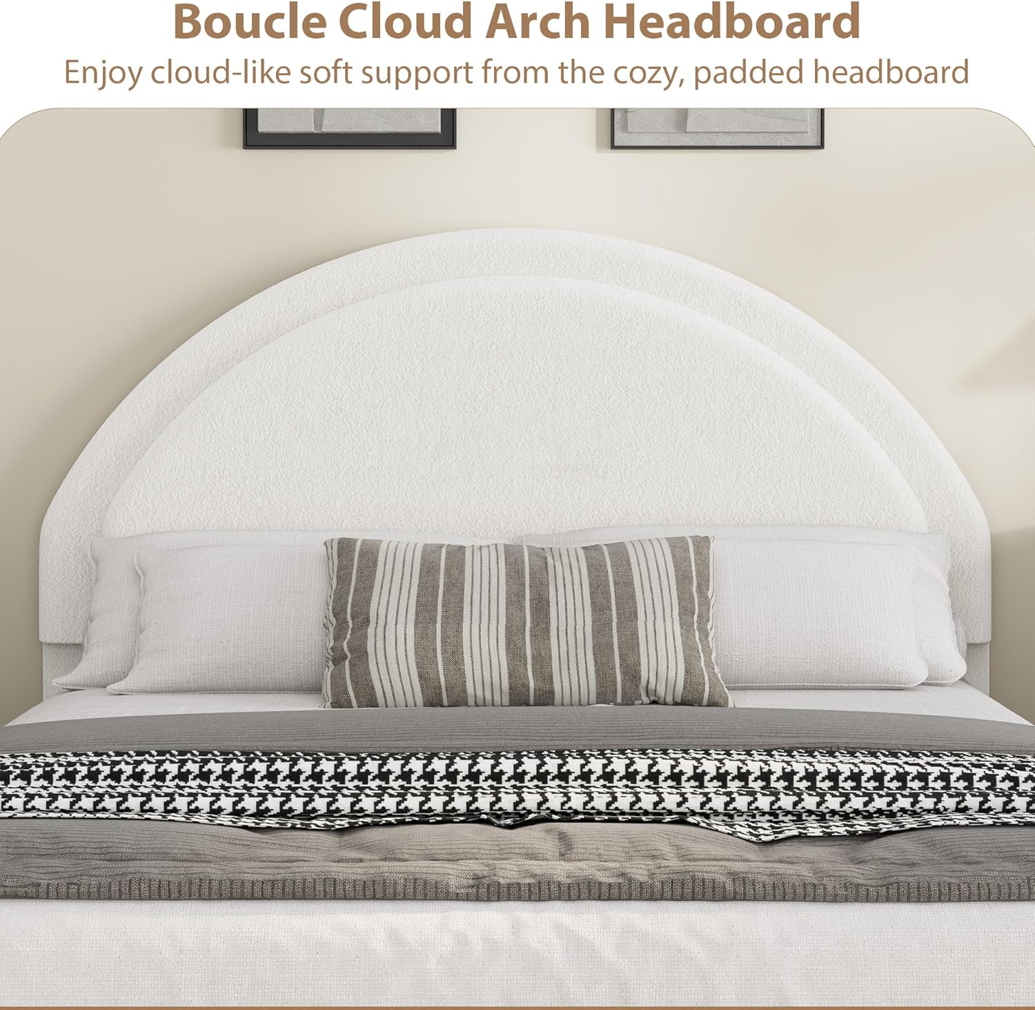 GarveeHome Queen Size Boucle Bed Frame with 2 Storage Drawers, Soft Upholstered Platform Bed Frame with Round Headboard, Heavy Duty, Wooden Slats, Noise Free, No Box Spring Needed, White