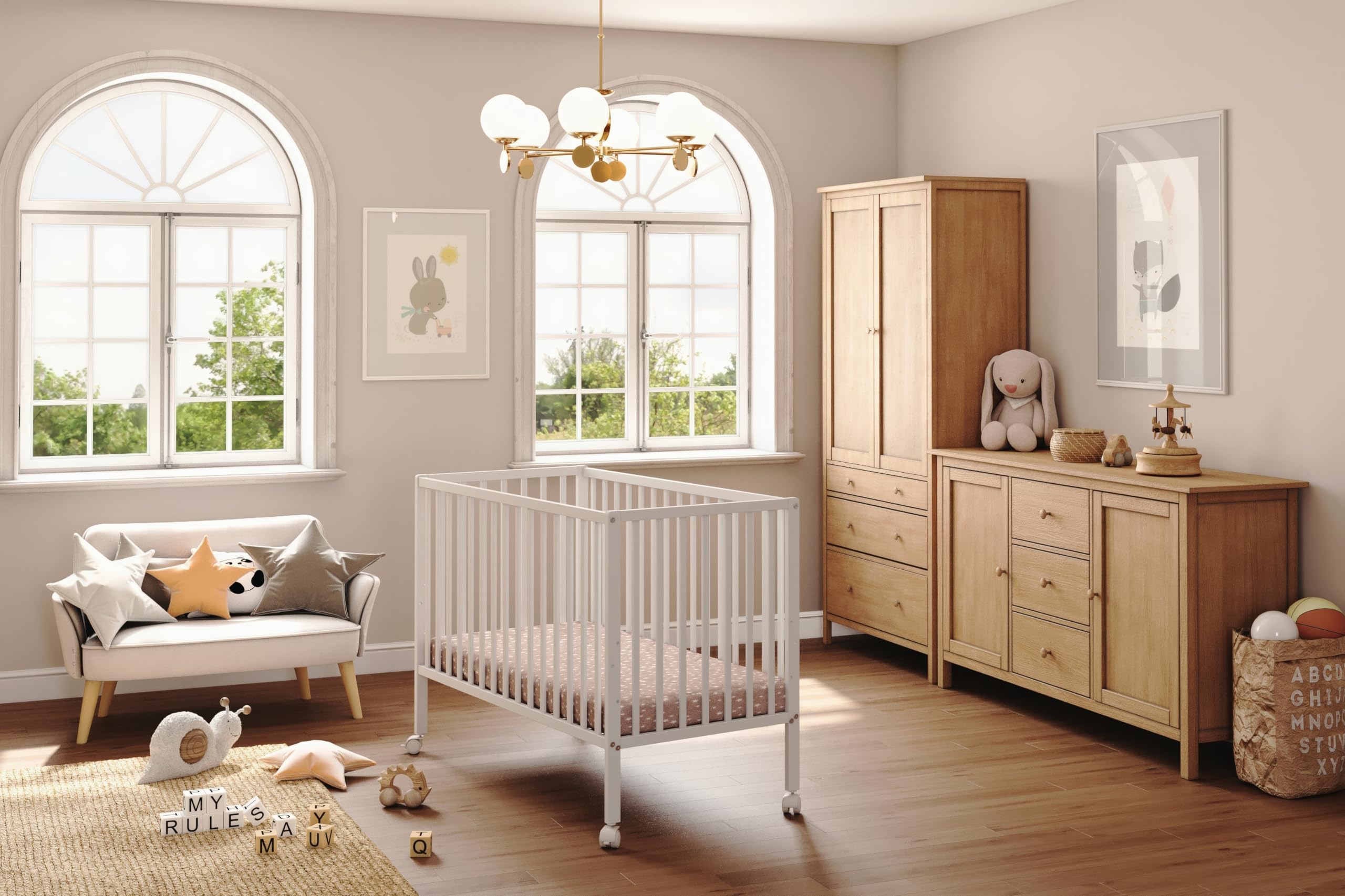 Łóżeczko dziecięce Classic Nest 60×120 cm z materacem i kółkami | 3 poziomy regulacji wysokości dna i 3 wyjmowane szczebelki
