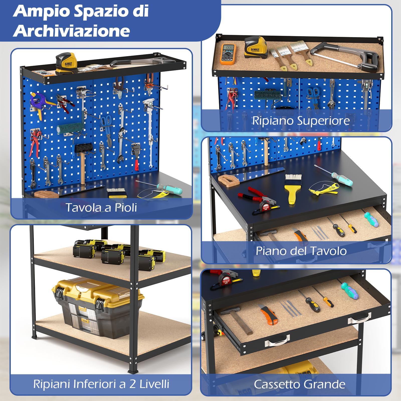 GYMAX Banco da Lavoro 81 x 41 CM con Pannello, Tavolo da Lavoro con 20 Ganci per Attrezzi, Cassetto e Ripiani Aperti, Stazione di Lavoro Pesante da 225 KG per Garage, Officina, Magazzino e Casa (Blu)