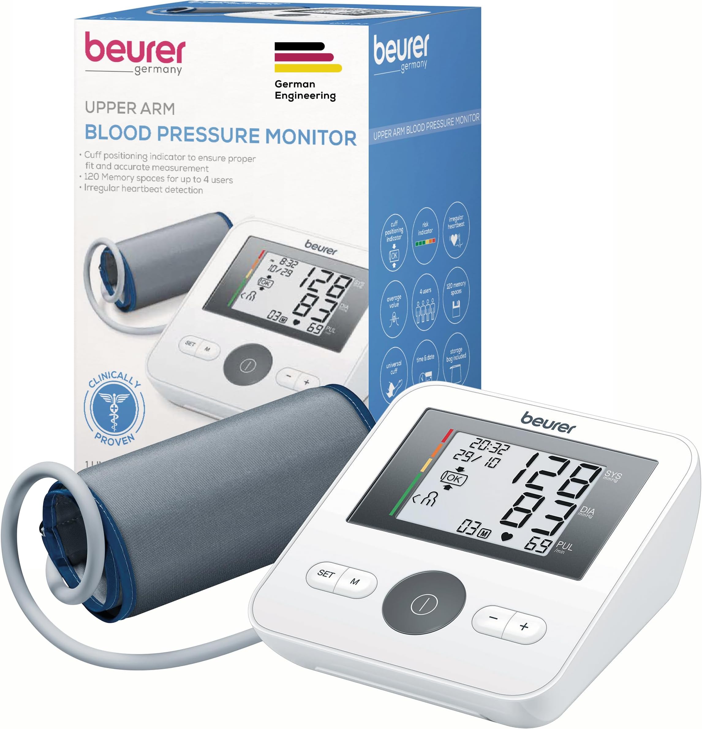 BeurerBM 27 Upper Arm Blood Pressure Monitor with Cuff Seat Control Clinically Validated for Upper Arm Circumference 22-42 cm Risk Indicator Arrhythmia Detection Error Report