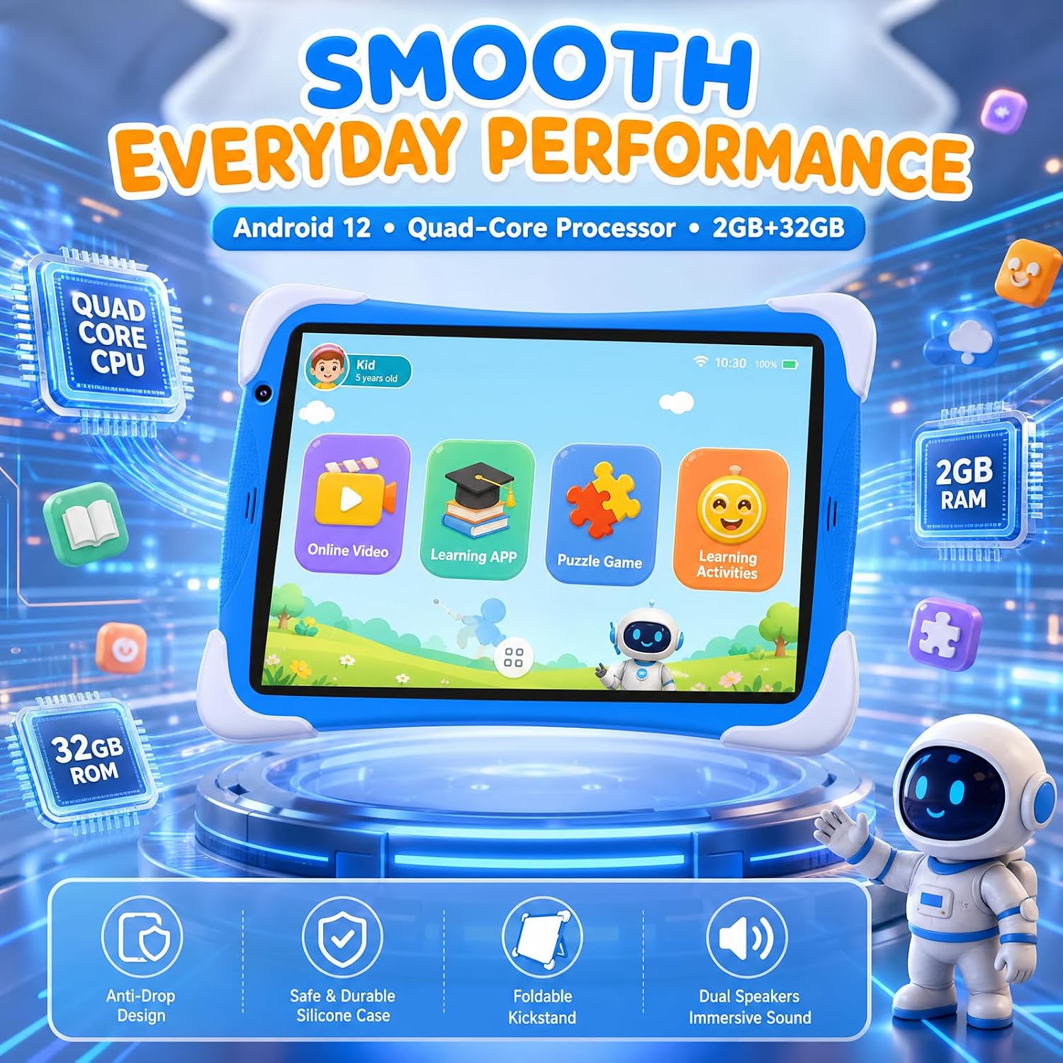 PEICHENG Kids Tablet displaying a smooth performance interface with icons for online video, learning apps, and puzzle games