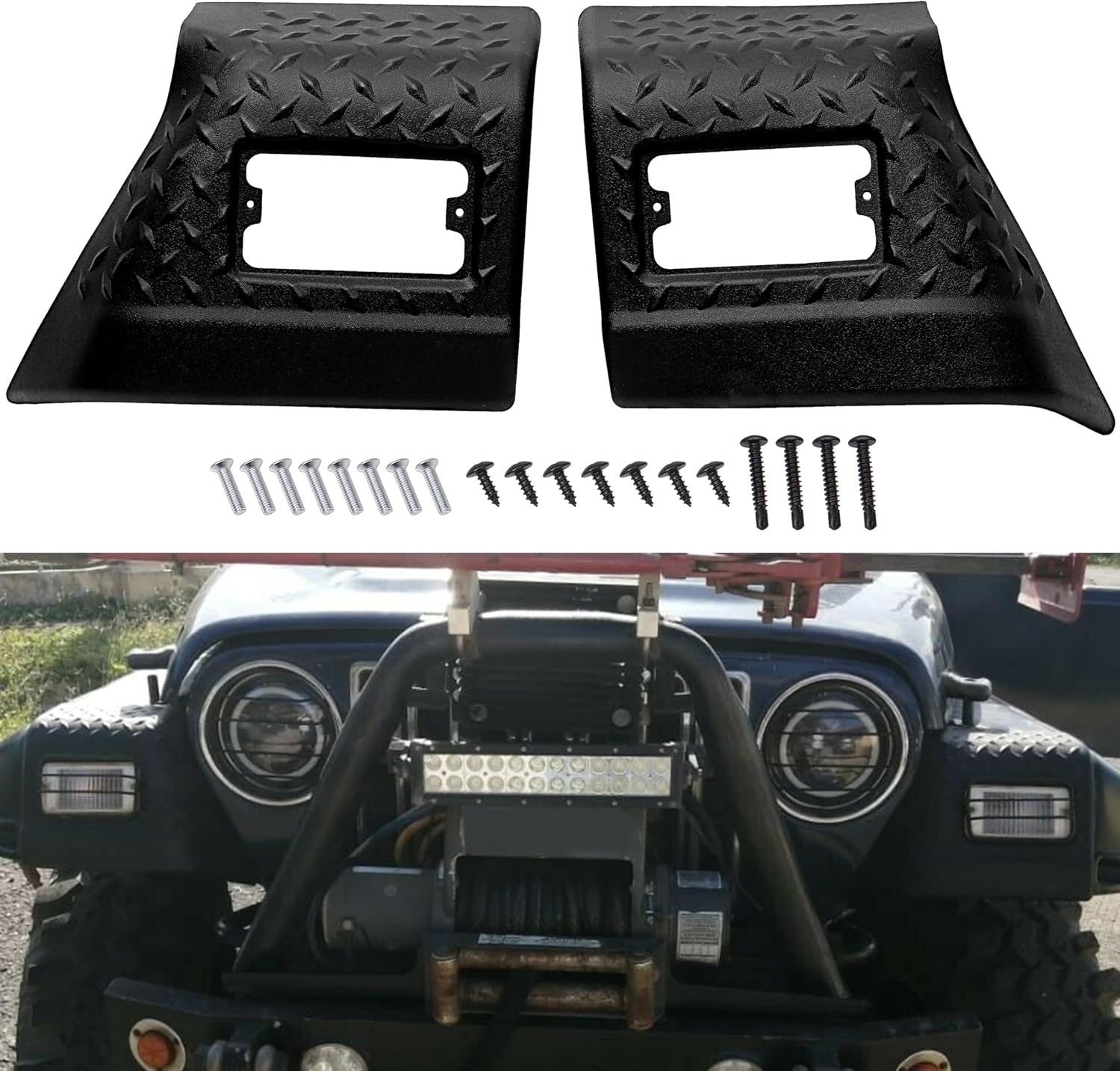 ECOTRIC Front Fender Protector Bug Chip Guards Compatible with 97-06 Jeep Wrangler TJ & Unlimited Replace for 11650.20 Front Body Armor Fender Guards Diamond Textured Black
