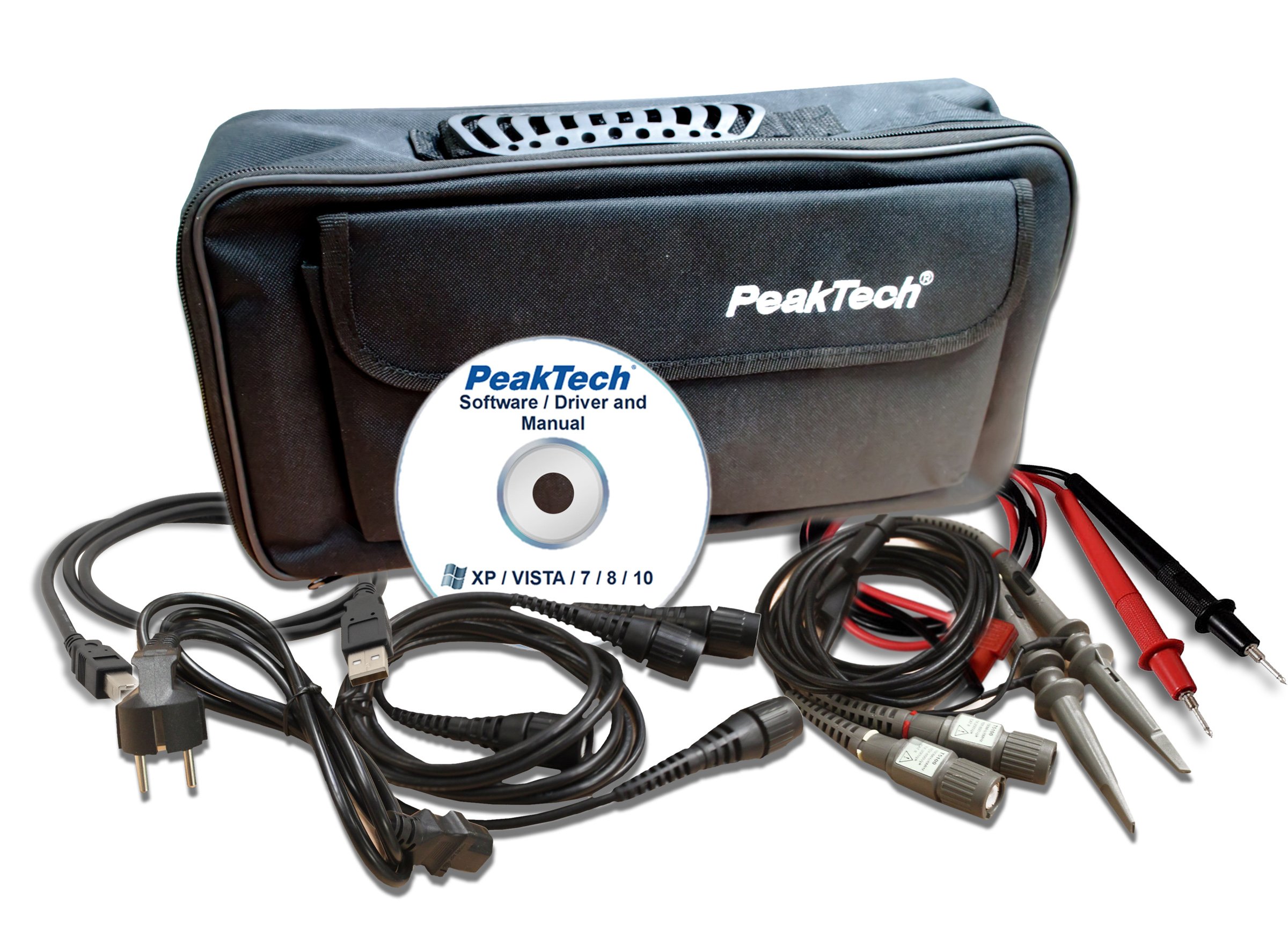 PeakTech P 1360 100 MHz 2 Kanal 12 Bit Touchscreen Digital Speicher Oszilloskop 1 GS/S mit WLAN/WiFi, USB, Lan, VGA, PC Software, Multimeter, 25 MHz Generator und Frequenzzähler, Akku Opt., 1 Stück