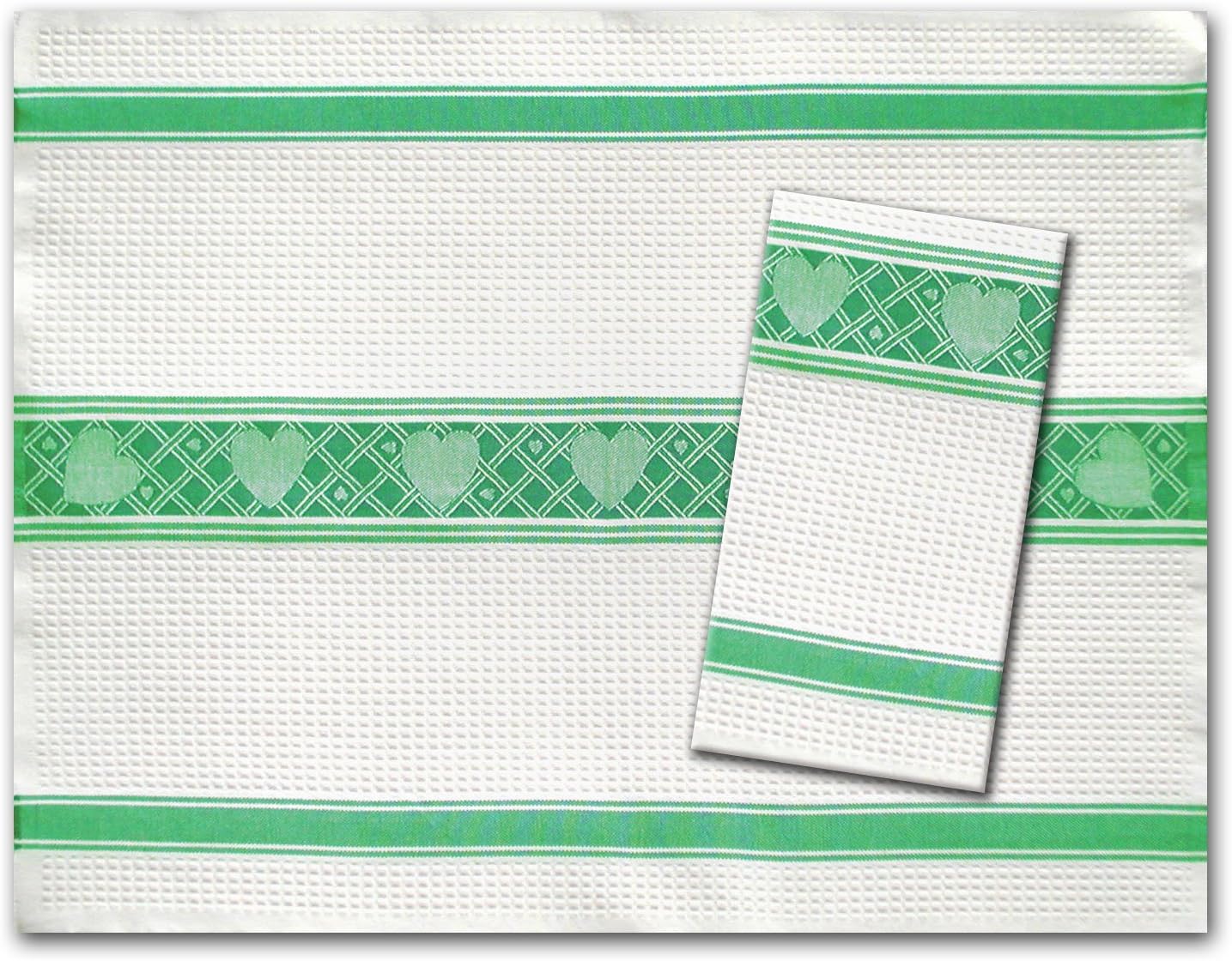 Green 100% Cotton Waffle Weave Kitchen Tea Towels Hearts by Ulster Linen Set of 2