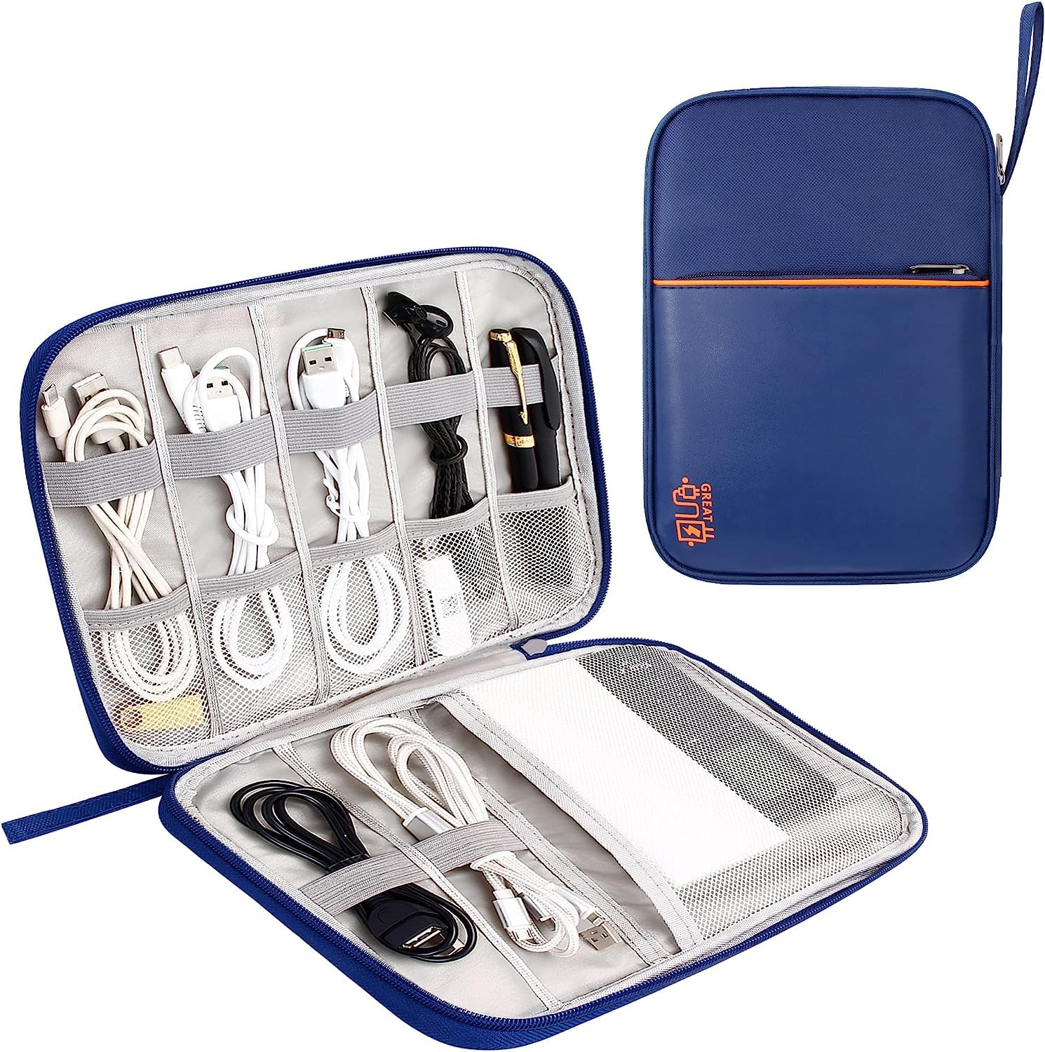 House of Quirk Electronics Organizer Small Travel Cable Organizer Bag Compact Electronic Accessories Cord Case for Hard Drives, Cables, Cords, Chargers (Dark Blue)-image-7
