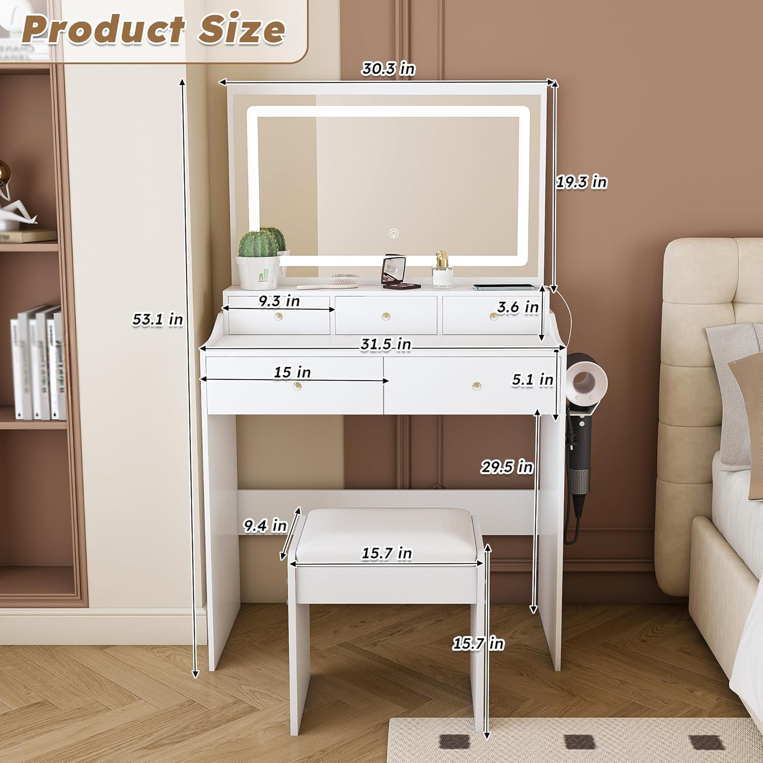 Vanity Desk with LED Light Mirror, Storage Makeup Vanity Table with Stool, 5 Drawers, Hairdryer Holder, Power Outlet, 3 Adjustable Lighting Colors, Dressing Table and Chair for Bedroom, White