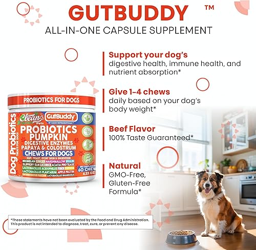 Miniatura 6 de Clean Nutra GutBuddy - Masticables probióticos para perros con calabaza, enzimas digestivas, papaya y calostro, suplemento natural para perros para