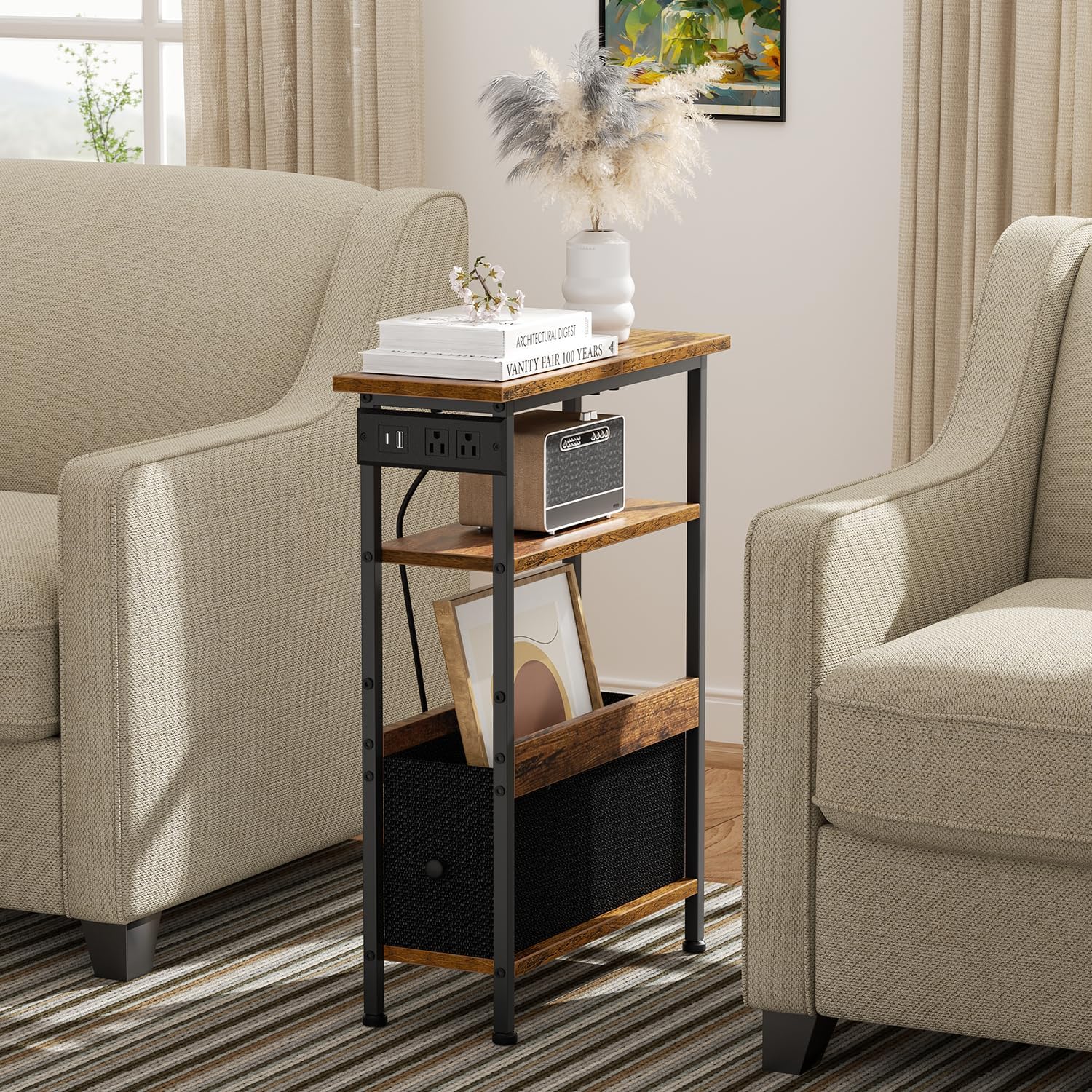 Creso hom Narrow Side Table with Charging Station and LED Light, End Table with 1 Fabric Drawer, Skinny Nightstand with USB Ports & Type-C, Slim Bedside Table for Bedroom, Living Room, Rustic Brown