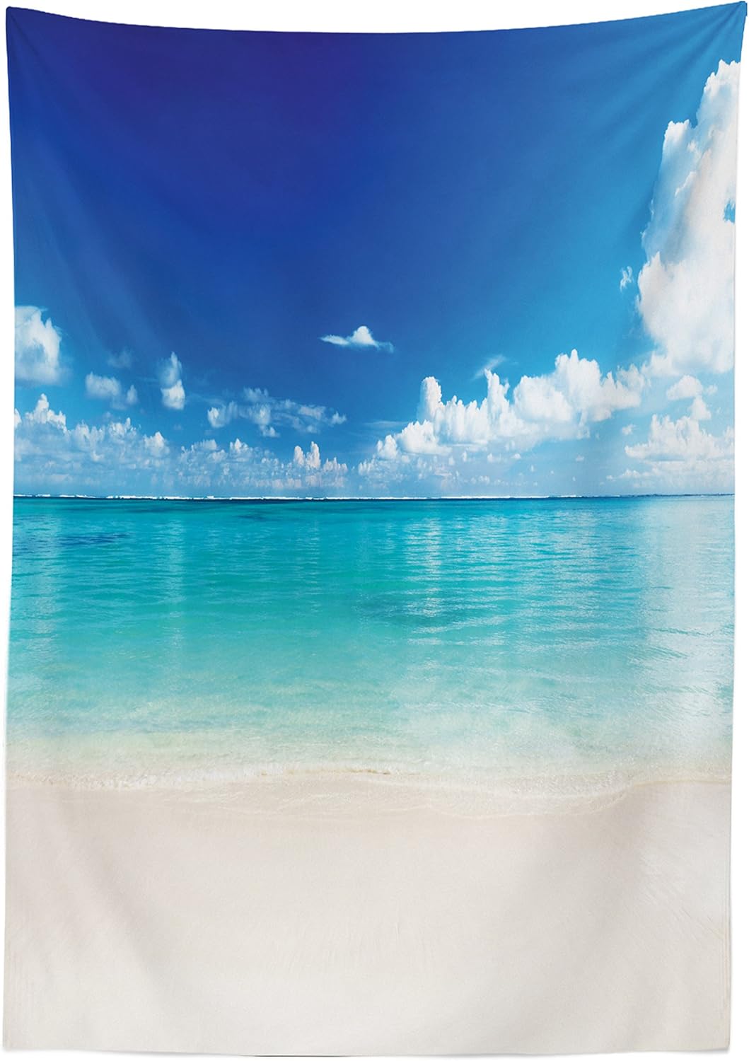 Ambesonne Ocean Tablecloth, Natural Coastal Sandy Beach and Carribean Seashore Heavenly Paradise View Image, Rectangular Table Cover for Dining Room Kitchen Decor, 52" X 70", Blue White 52" X 70" Blue White