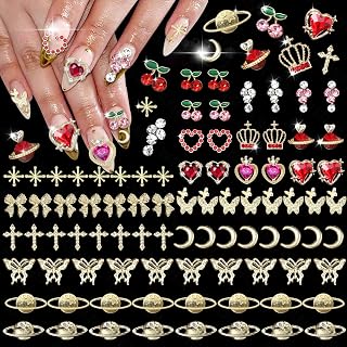 100 Pcs Gold Nail Charms, Cherry Crown Heart Planet Diamond Nails Rhinestones and Charms, Saturn Crosses Moon Butterfly Bows Nail Golden Charm, Y2K 3D Chrome Nails Decor