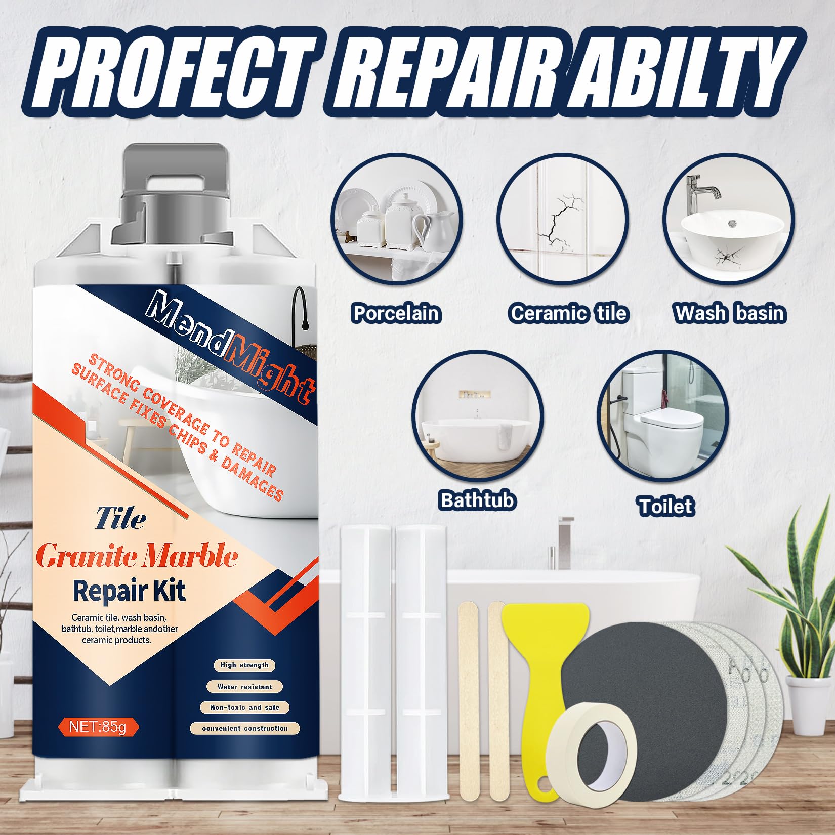 Kit Reparation Carrelage, Blanc Kit Réparation Receveur de Douche Résine, Colle Carrelage Kit de Réparation pour Comptoirs en Quartz et Marbre pour ébréchures, Trous, Bosses, Rayures