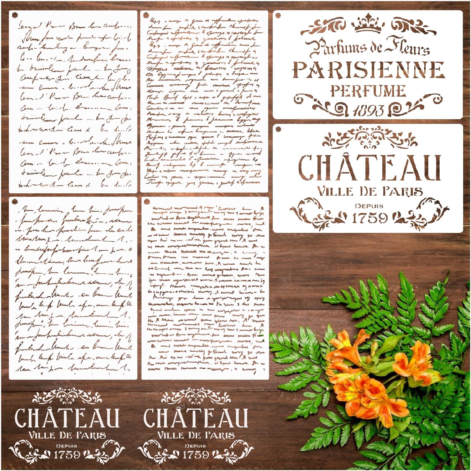 Script Stencils Reusable French Writing Stencils for Painting on Wood Furniture DIY Crafts Canvas Paper Fabric Wall Home Decoration (6pcs Script)