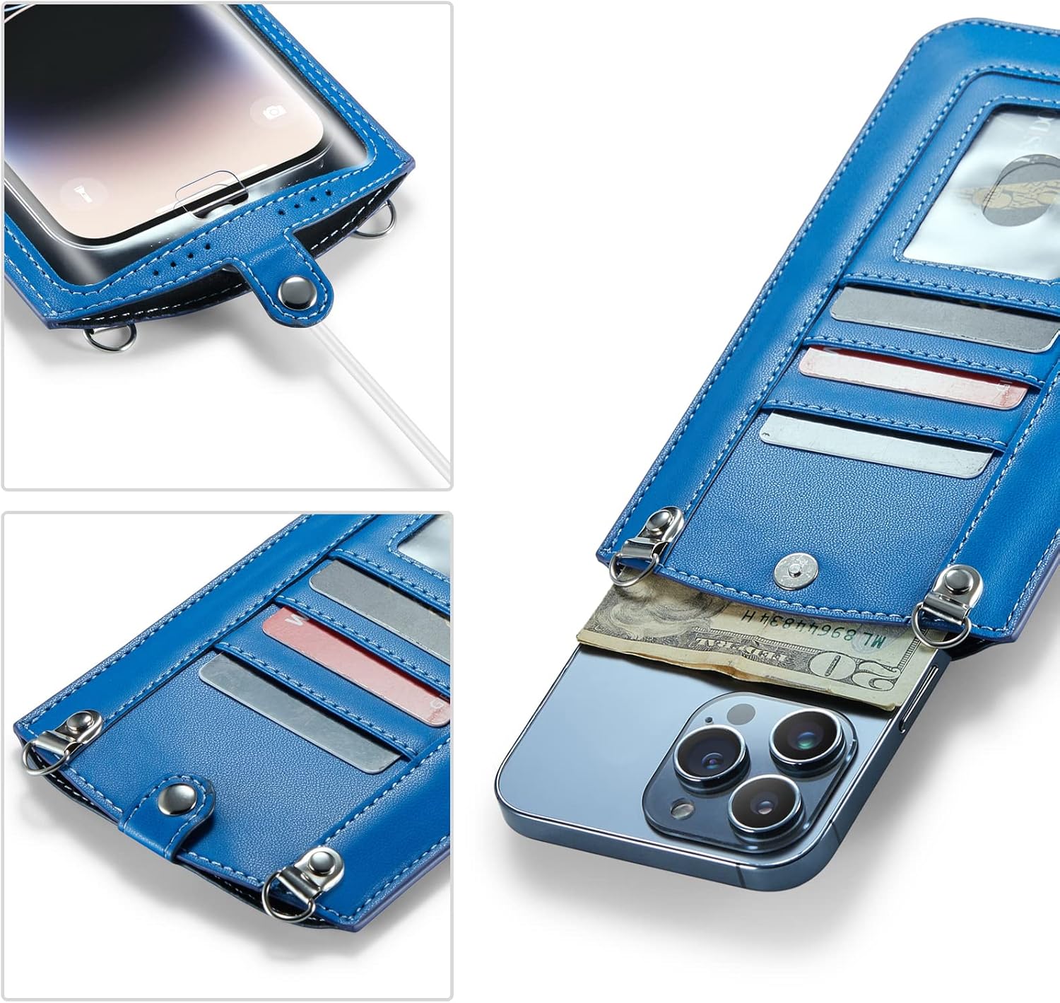 Small Crossbody Bag Cell Phone Purse for Women Men Leather Mini Shoulder Bag Wallet Case with Card Holder Slot Necklace Lanyard for All Phones iPhone Samsung Google up to 7.3" Blue - Image 4