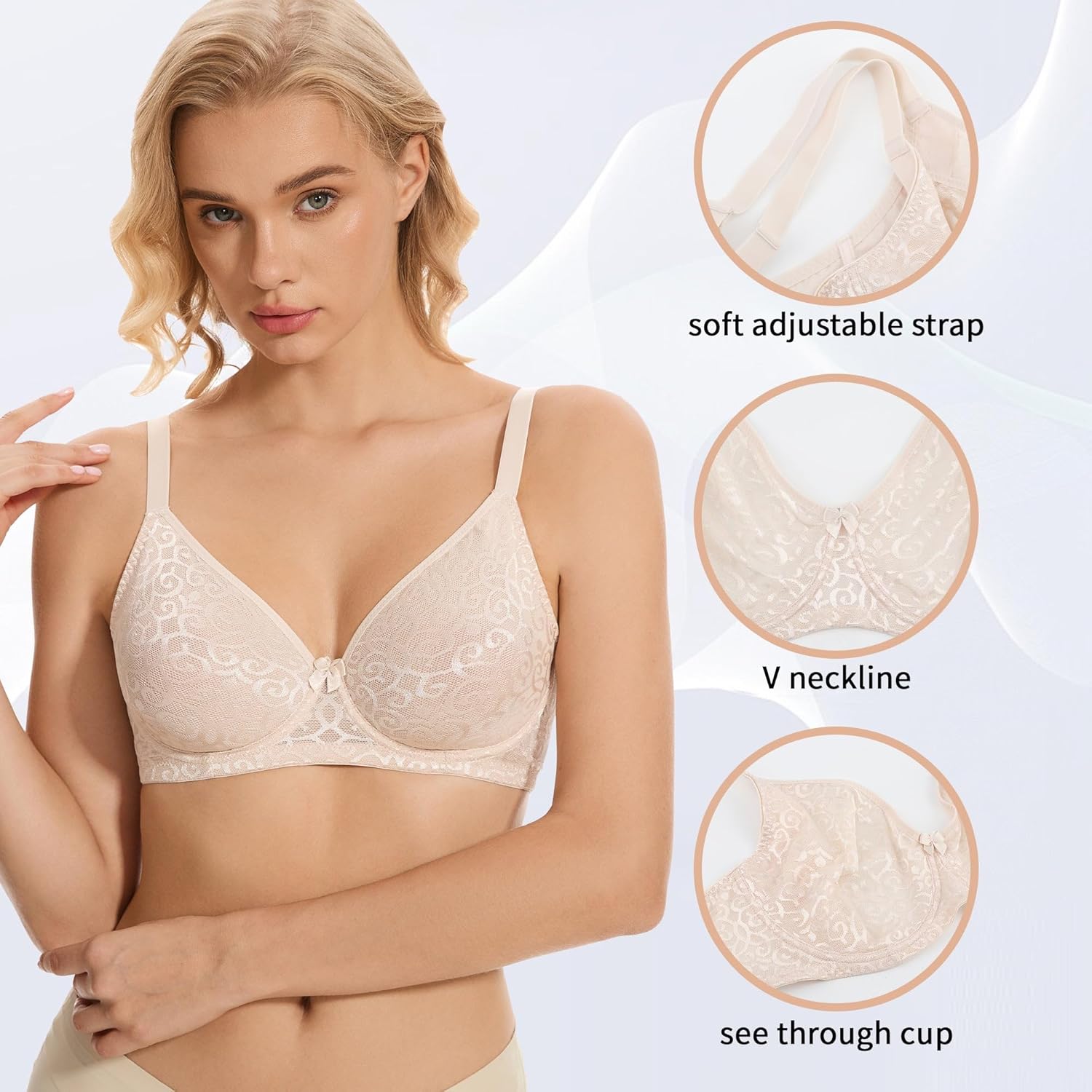 sheroine Women's Sexy Lace Mesh See Through Plunge Bra Underwire Unlined Support Everyday Balconette Bras - Image 5