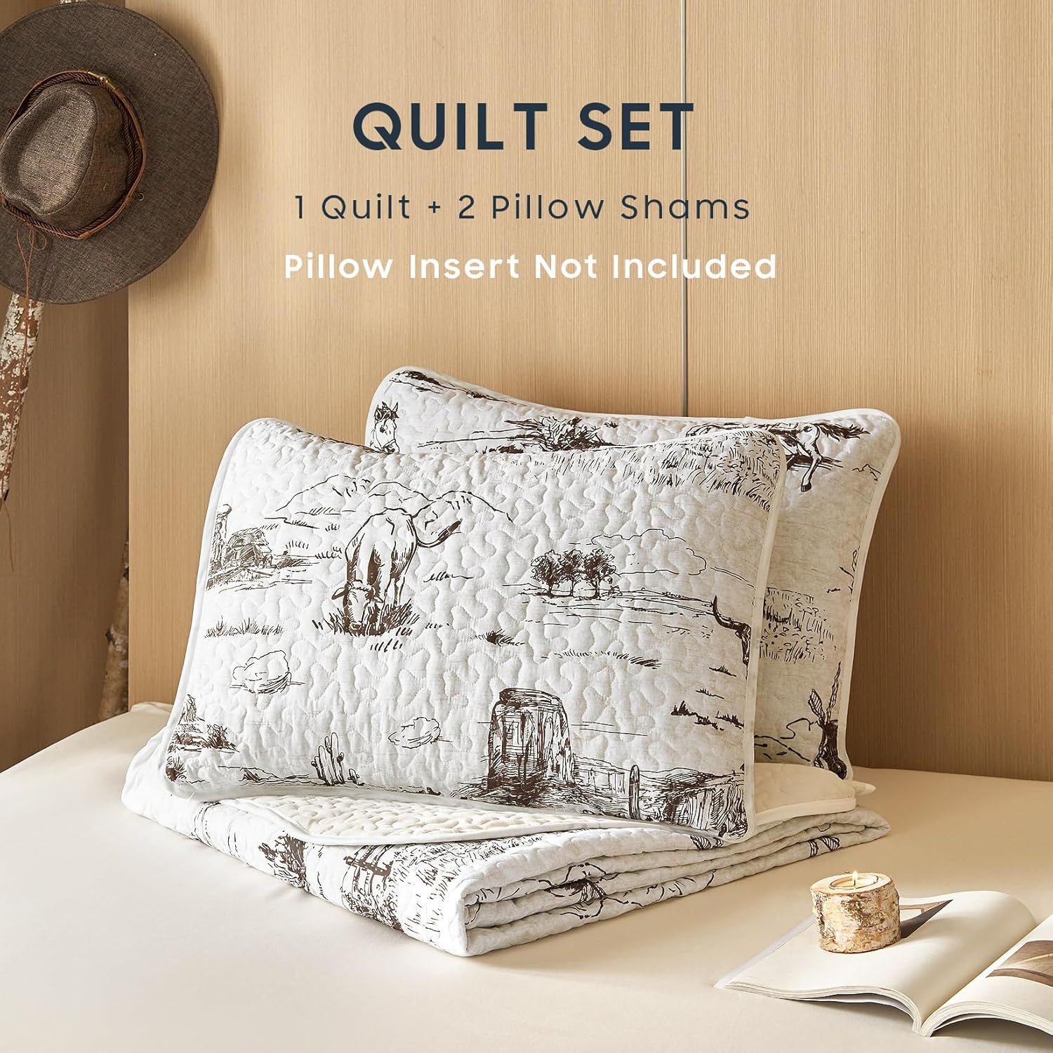 Wake In Cloud - Western Quilt Set, Rustic Ranch Life with Cowboy Southwestern Vintage Country Pattern Printed, Reversible Lightweight Bedspread Coverlet, 3 Pieces, Beige Brown, Queen/Full Size - Image 2