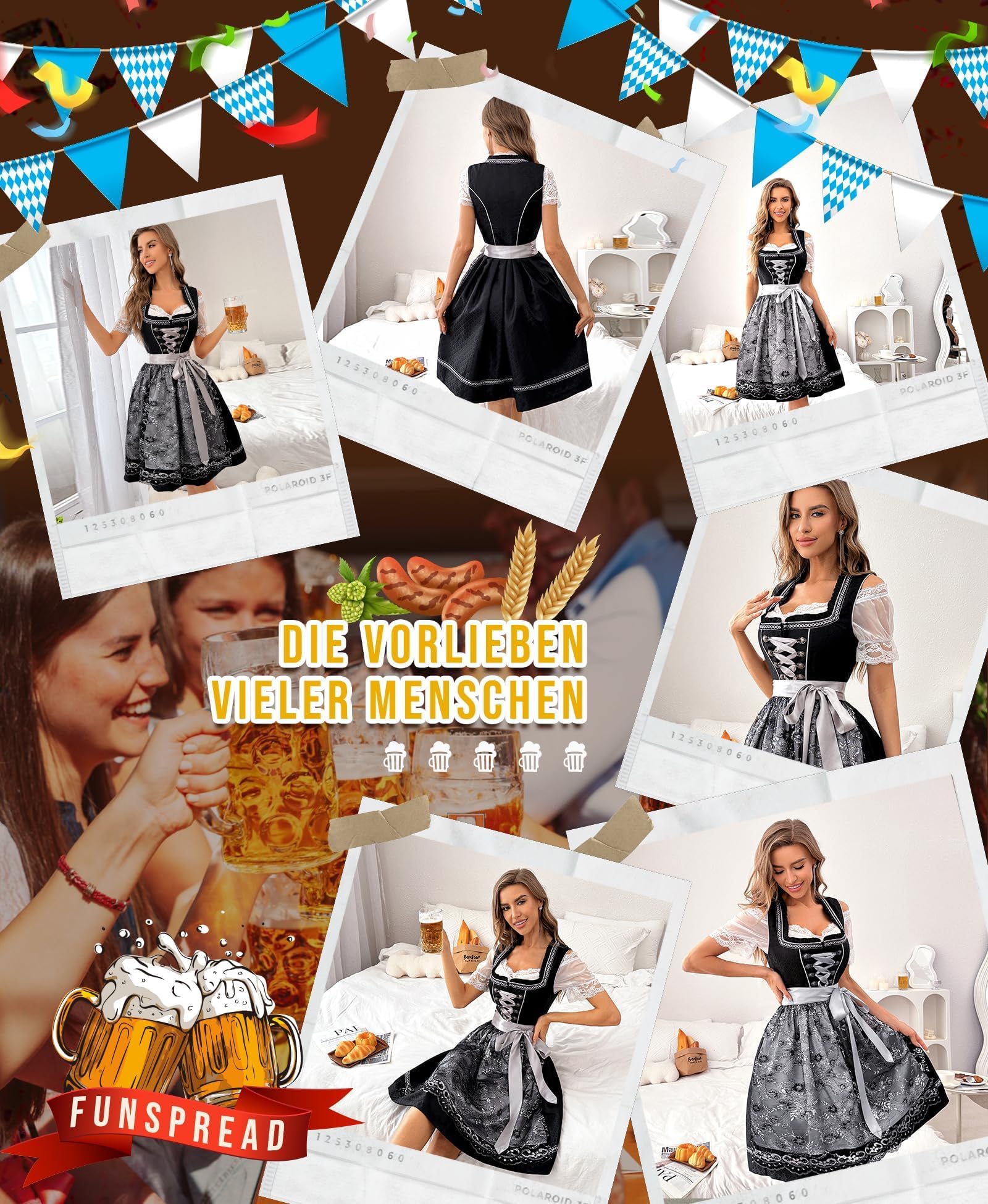 Funspread Dirndl Damen Midi Schwarz - Dirndlkleid mit Spitzenschürze Trachtenmode Kleid für Oktoberfest
