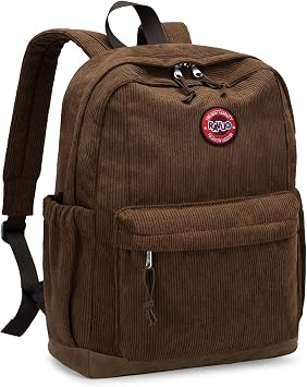 RAVUO Corduroy Backpack for Girls Women, Vintage School Bookbag, Brown
