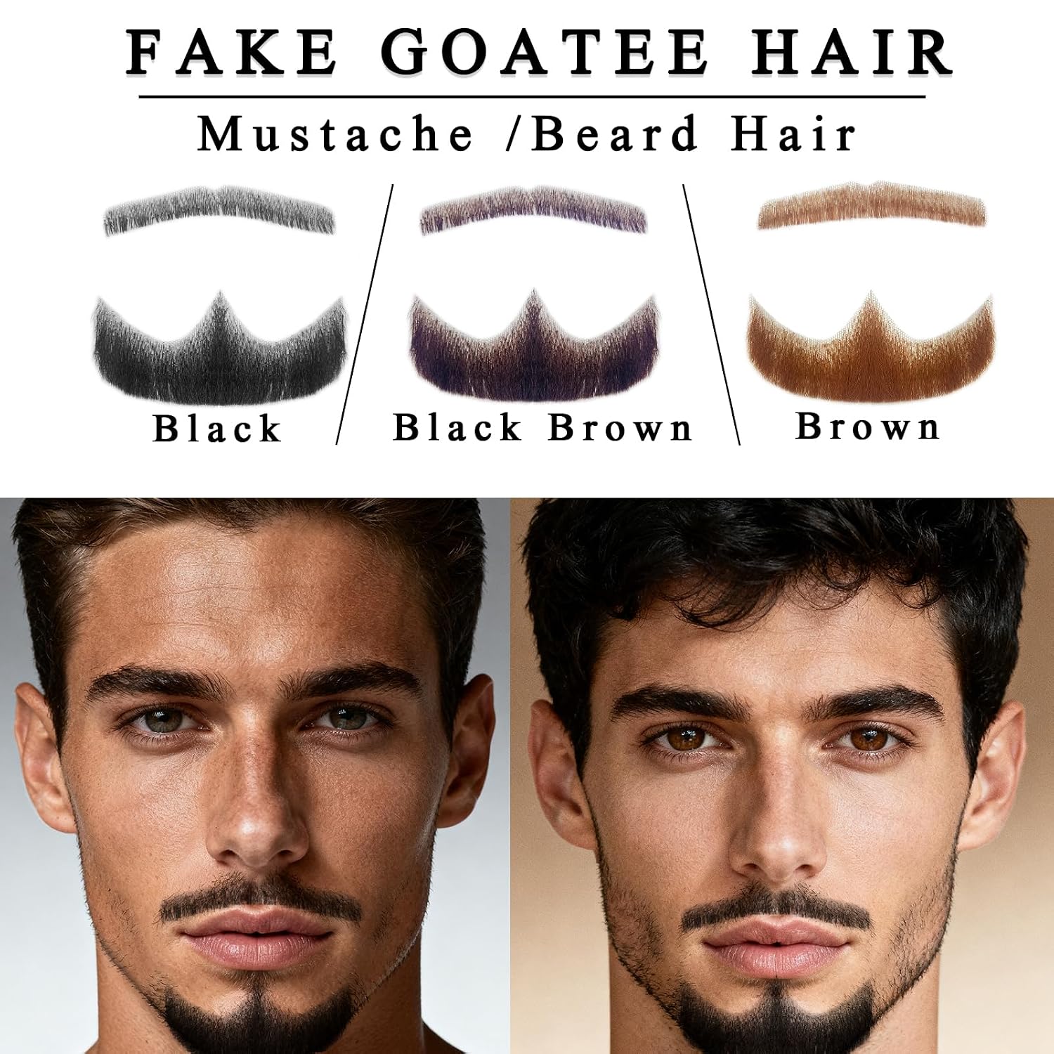 Fake Beard Goatee Mustache, Realistic Natural Looking Fake Goatee Facial Hair Invisible full lace 100% Handmade False Beards for Halloween Cosplay Parties Drama Movie Makeup (3#Black)