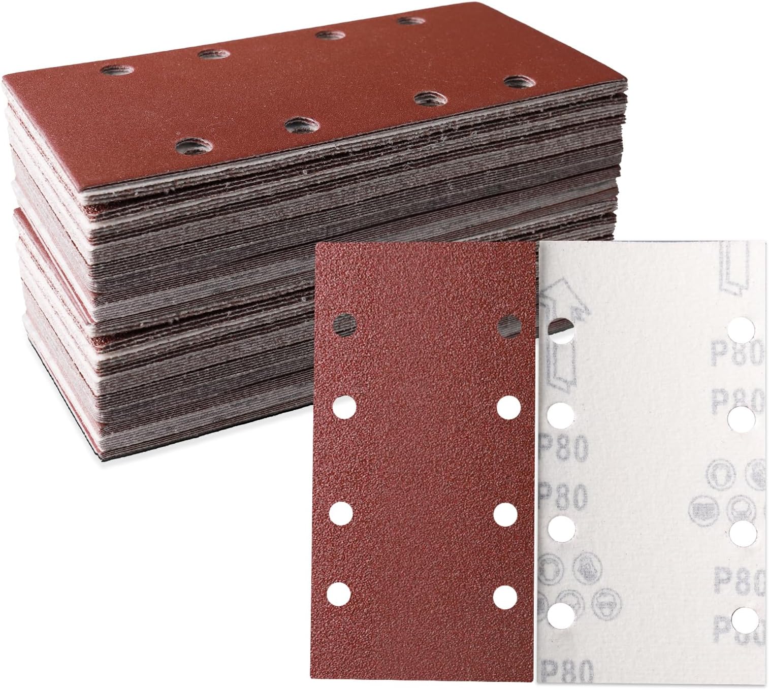 STEBRUAM Sanding Sheets 30 Pieces, 93 x 185mm Square Hook and Loop Sandpaper 8 Holes, Sanding Pads Assorted 80 Grits, Ideal for Sanding, Polishing and Rust Removal Fit Rectangular Sander