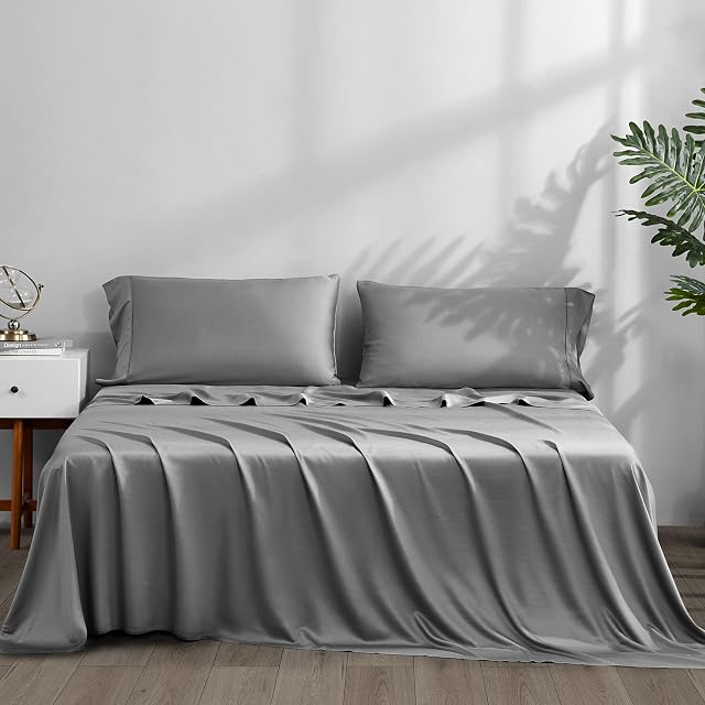 ACCURATEX Feuilles de refroidissement Taille du roi - Viscose fait de bambou, Ensemble de feuille d'hôtel de luxe pour lit King Size, Feuilles de lit respirant super doux jusqu'à 16 pouces Pockect profond,Grey, Viscose fait de bambou, 4 Pcs Ensemble de feuille douce soyeuse, Respirant Cool fo