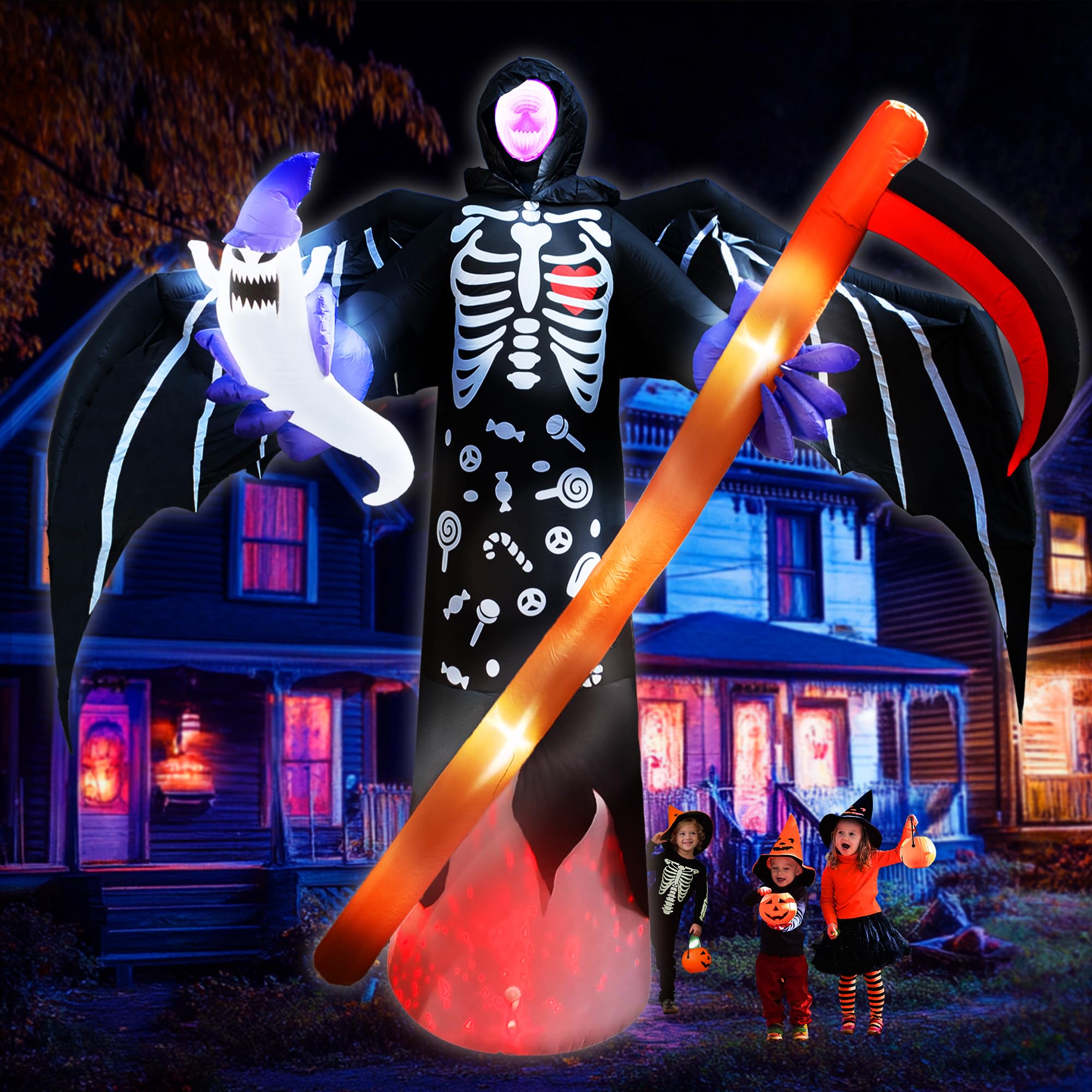 Photo 1 of 12 Ft Giant Halloween Inflatables Decorations Outdoor Blow Up Grim Reaper Ghost with LED Lights Stakes Tethers Halloween Decorations Yard Garden Lawn Home Party Holiday Outside Decor