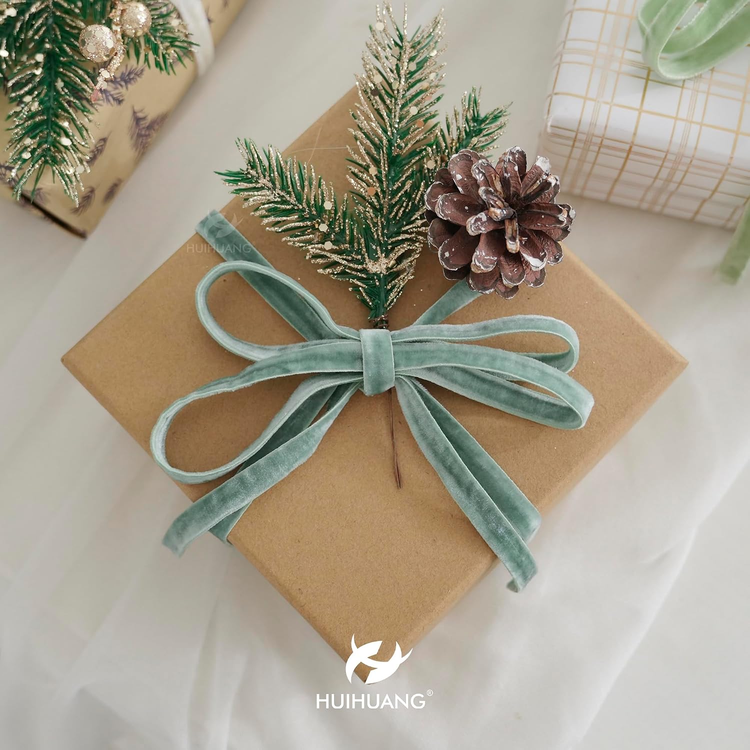 HUIHUANG Velvet Ribbon 3/8 inch Double Face Dusty Green/Sage Green/Ivory Velvet Ribbon Set for Gift Wrapping, Christmas Tree Ornaments, Wreath Decor, Invitations, Fall Decor- 15 Yards/Set