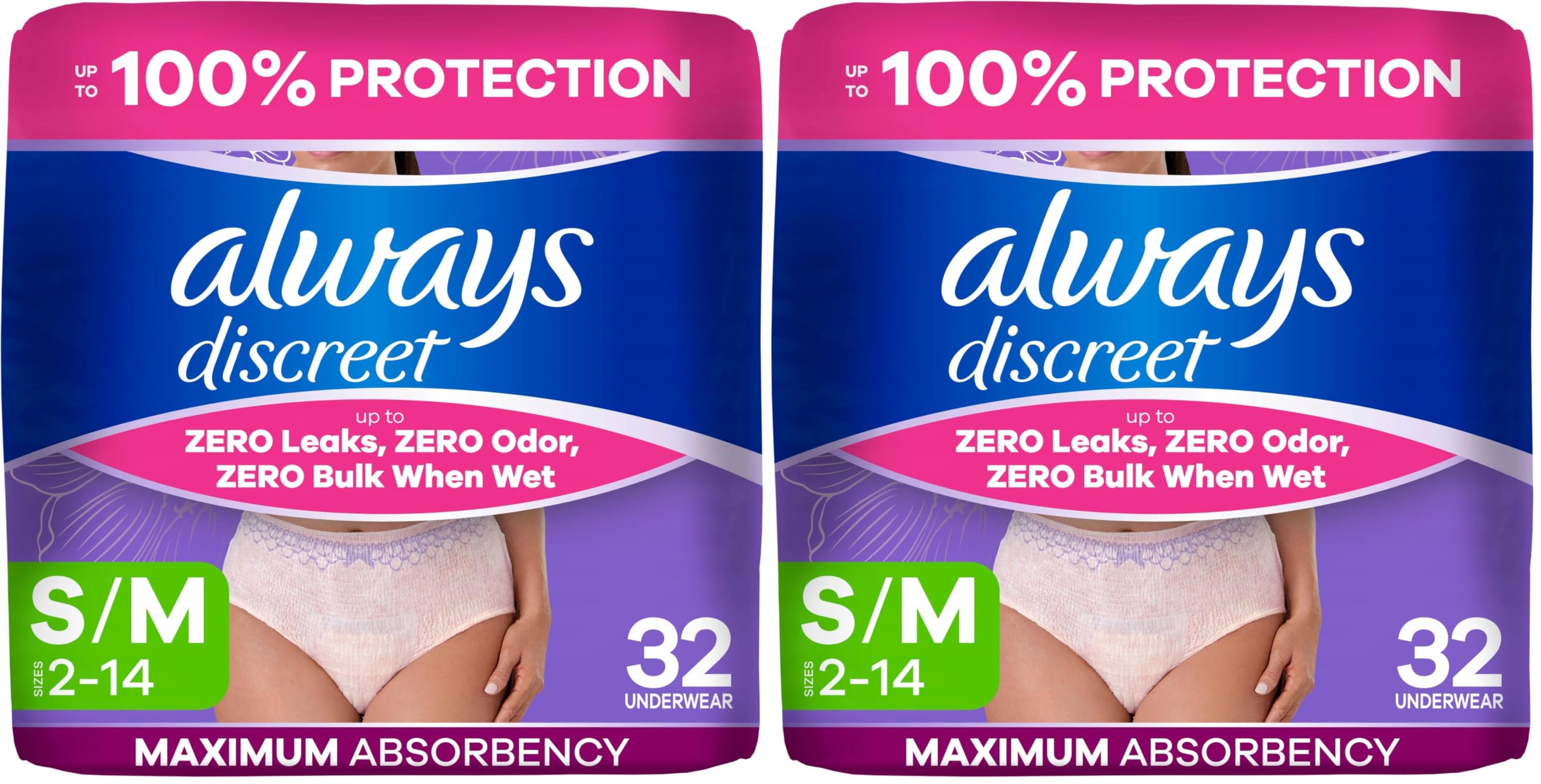 Always Discreet Adult Diapers for Women, Incontinence Underwear, Postpartum Essentials, Disposable Briefs, Max Absorbency, Bladder Leak Protection, Small/Medium, 32ct (Pack of 2)