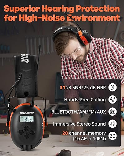 Miniatura 5 de HP033 Bluetooth 5.4 Auriculares de radio AM FM con protección auditiva, orejeras de seguridad con reducción de ruido NRR de 25 dB con batería