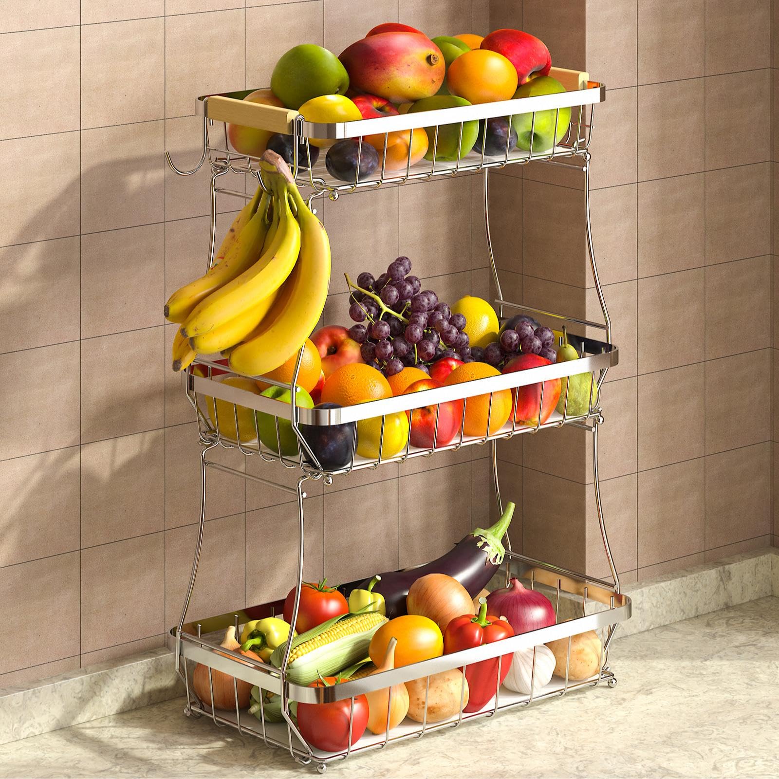 Sevenblue 3 Tier Large Fruit Basket for Kitchen Counter with 2 Mobile Banana Hangers, 2026 Pro Metal Fruit Bowl with Wooden Handle, Fruit Holder for Bread Snack Veggies, Silvery