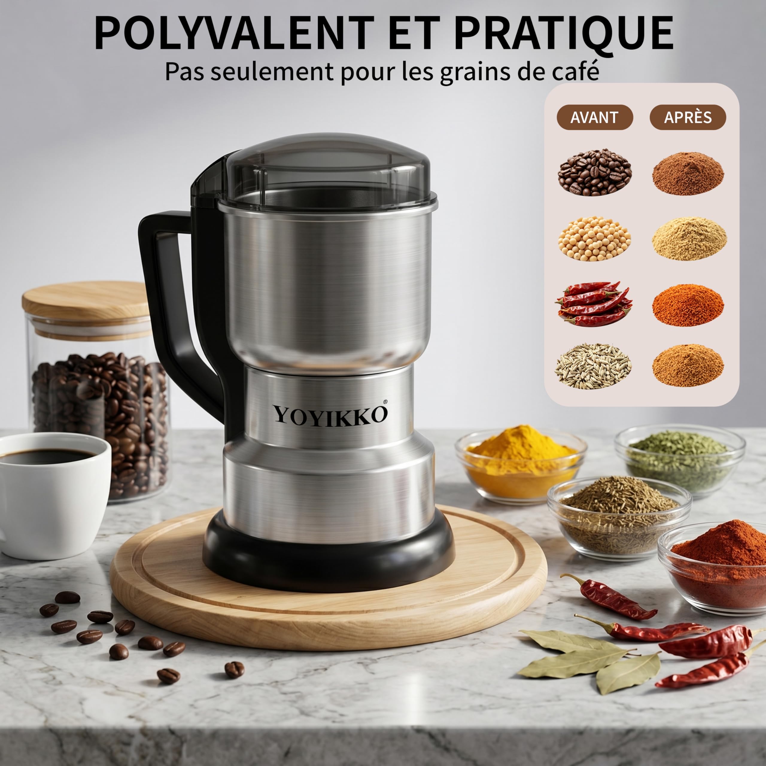 Moulin à café électrique multifonction 400W, Moulin a Graines avec Lames en Acier Inoxydable Coffee，broyage rapide et uniforme，Macinacaffè Pour café, épices et autres aliments (argenté-X60)