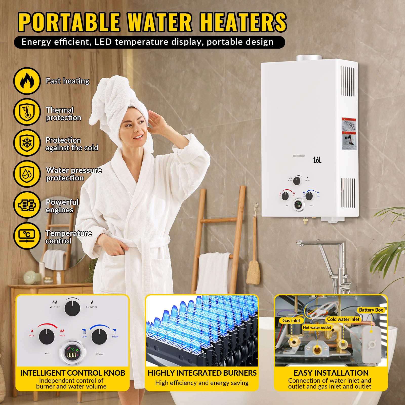 Scaldabagno a Gas GPL 16L Istantaneo Portatile da Esterno Senza Serbatoio, Montaggio a Parete. Modalità inverno/estate, Display Digitale, Molteplici Dispositivi di Sicurezza, Classe Energetica A