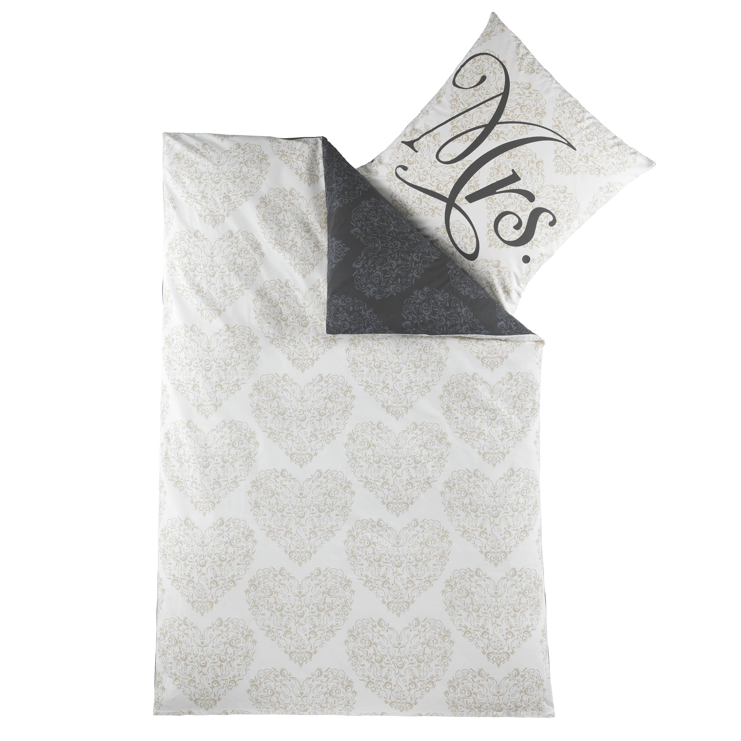 Wasserbetten-Markenshop Mr. Und Mrs. Baumwolle Renforce Partner Wende Bettwäsche in Grau Beige, 4 Teilig, 2X 135x200 cm 2X 80x80 cm
