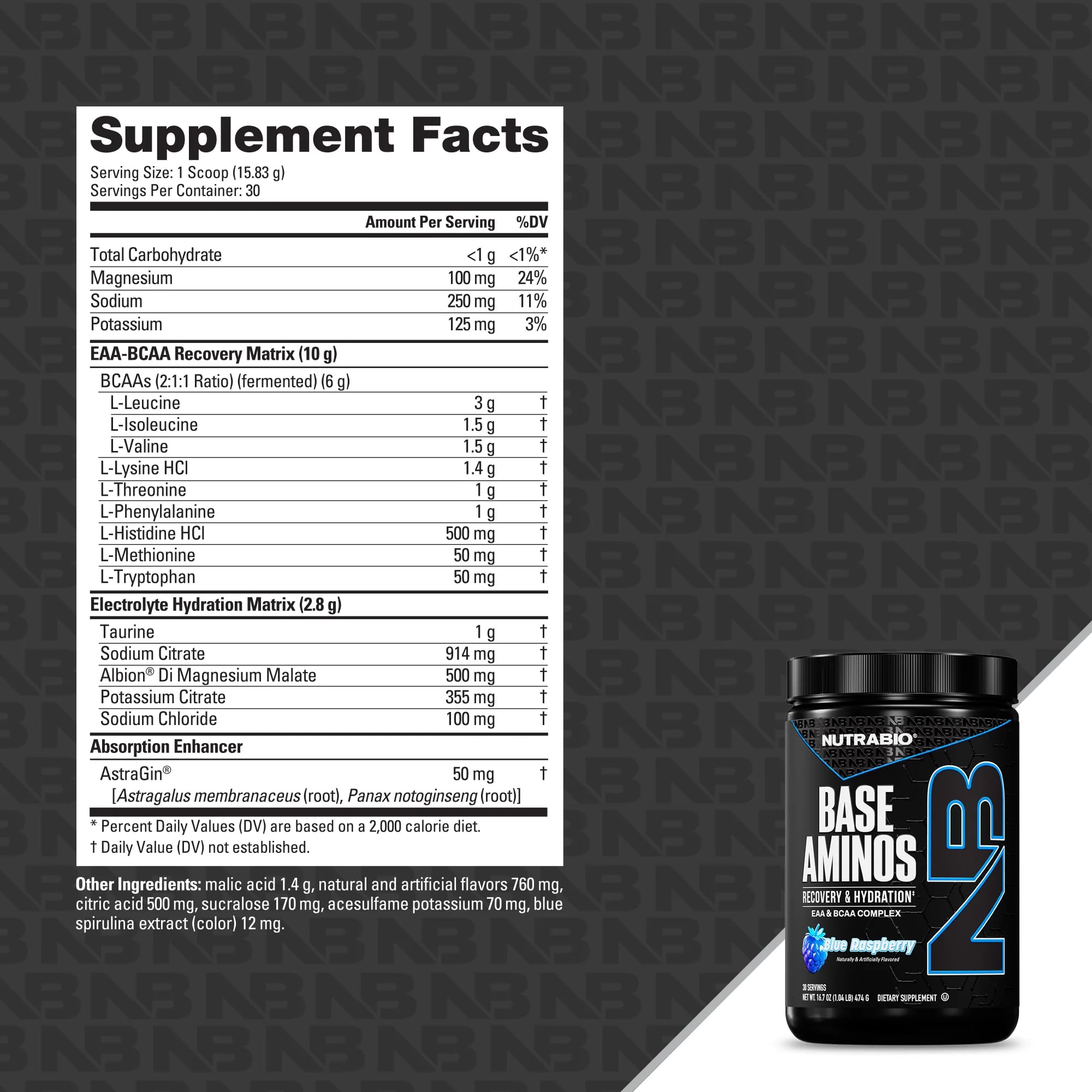NutraBio Base Aminos EAA + BCAA Powder - 10g Essential Amino Acids Supplement, 6g 2:1:1 BCAAs, 2.8g Hydration Matrix with Electrolytes & Absorption Enhancer AstraGin - 30 Servings - Blue Raspberry — Amazon image 2