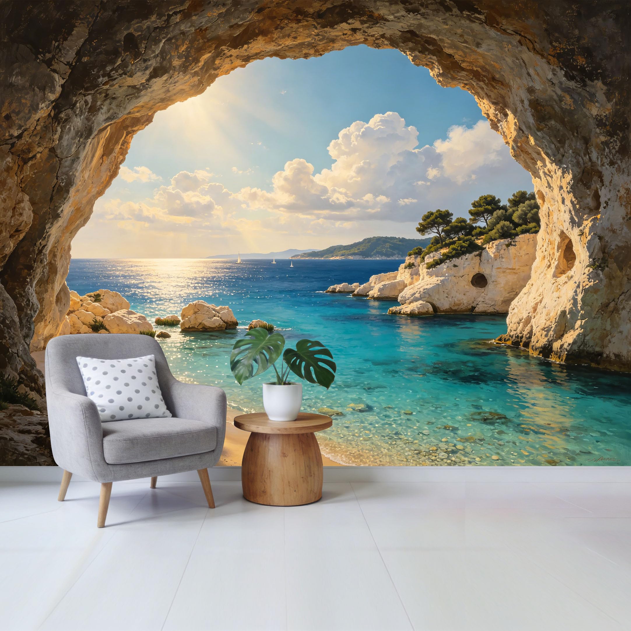 Custom Size Wall Mural Coastal Sea Cave Ocean View Sunset Beach Landscape Removable Self Adhesive Fabric Home Wall Decor for Living Room Bedroom Bathroom