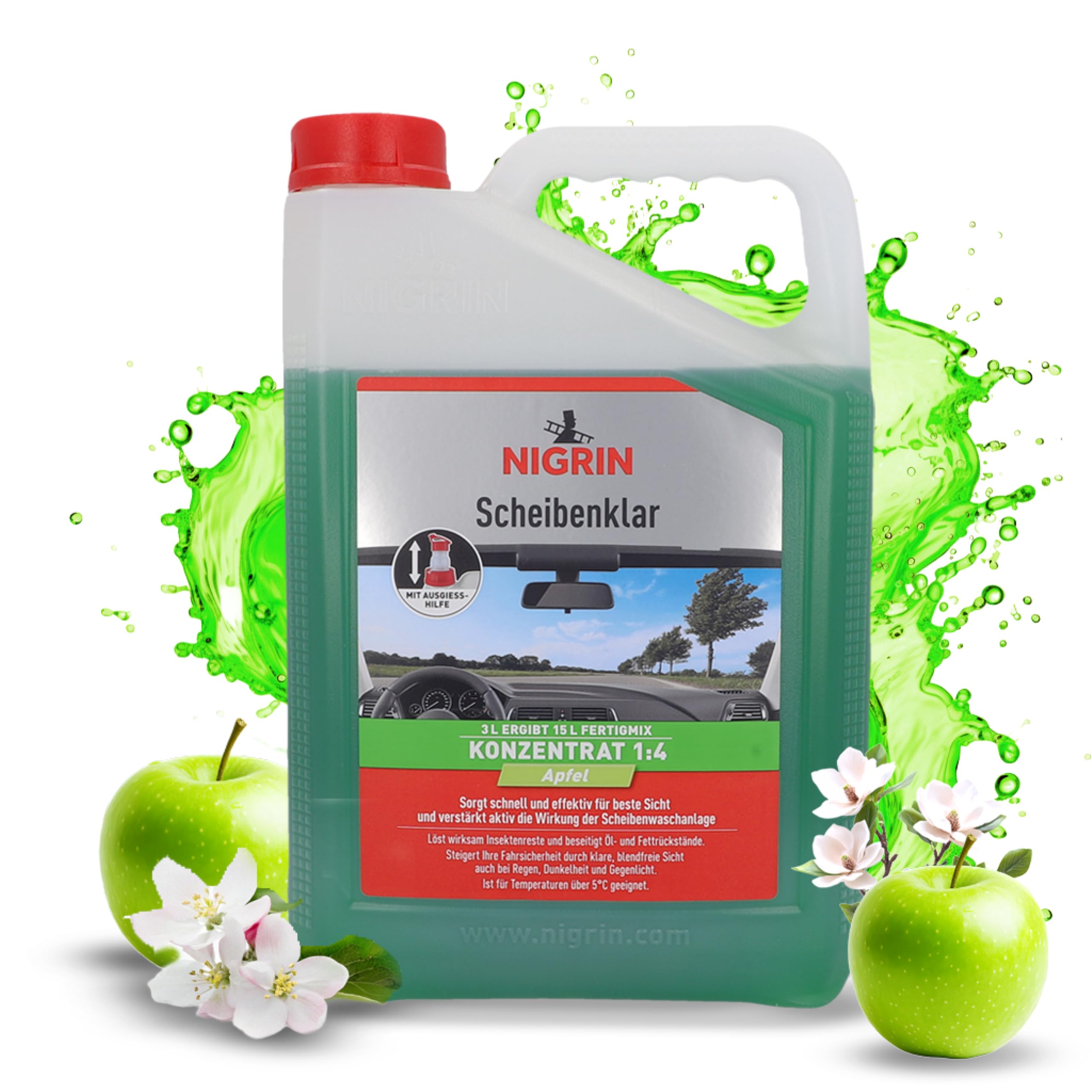 NIGRIN Scheibenklar Concentrate 1:4 Apple | 3 Litres | Cleaning Additive for Car Windows and Headlights | Integrated Pouring 