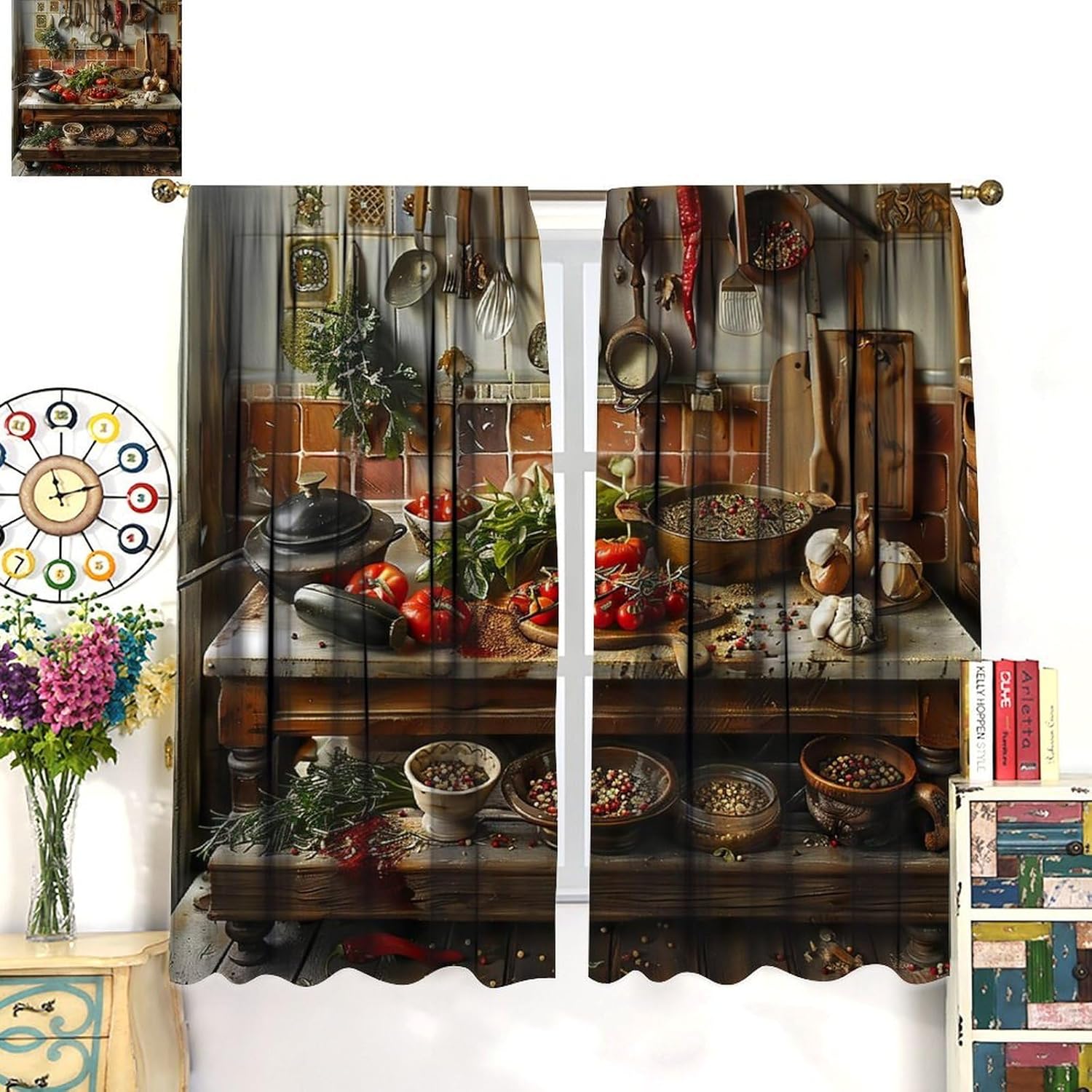 Kitchen Seasonings Blackout Curtains Retro Rustic Farmhouse Dining Table Tomatoes Vegetables Herbs Cookware Home Decor Rod Pocket Window Treatments for Kitchen Cafe Restaurant Bakery 42"W X 45"L
