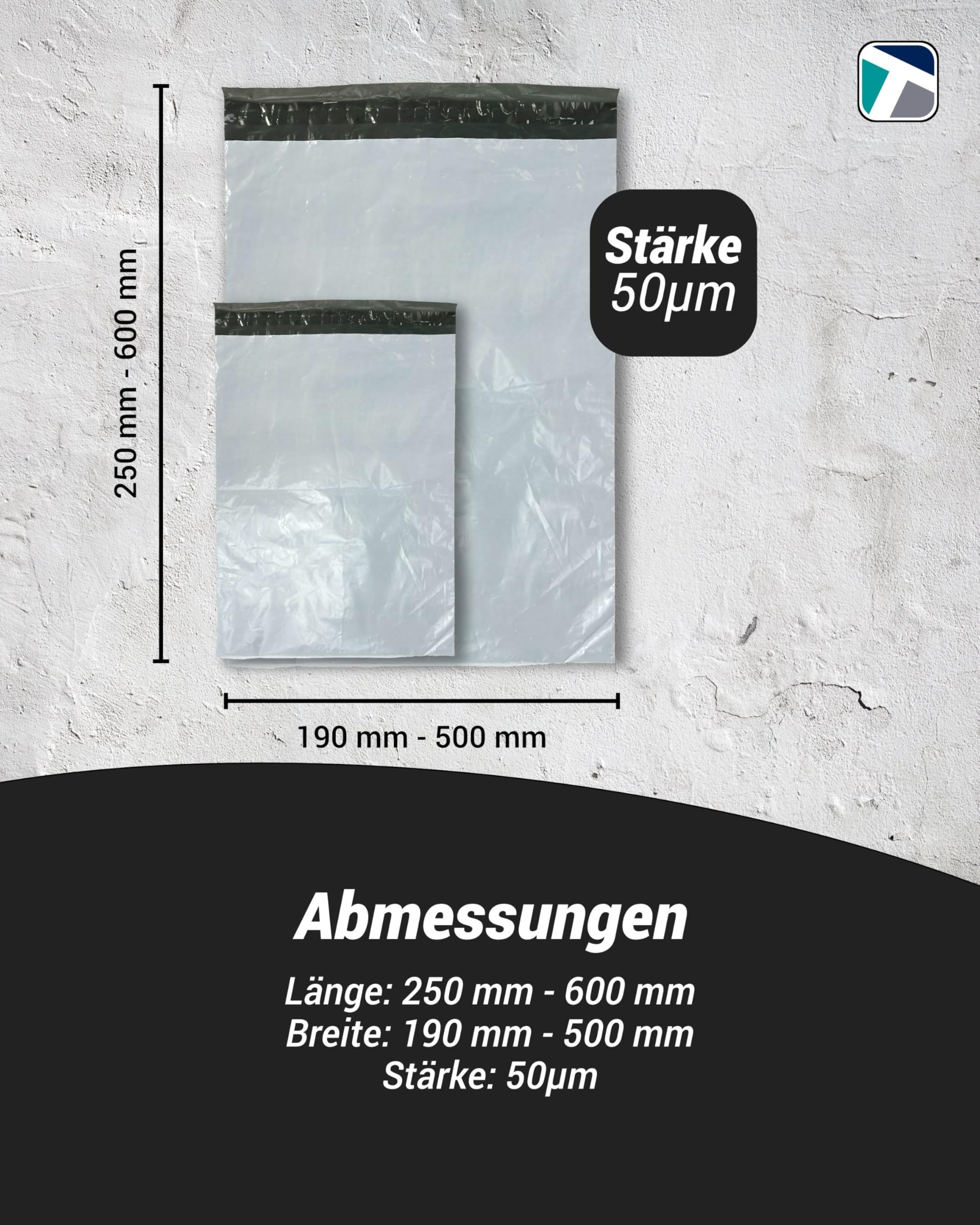 100 Stück Folienversandtaschen - strapazierfähig, blickdicht, reißfest, Polyethylen (LDPE), ideal für Kleidung, Dokumente und vieles mehr (50 µm - 450 x 550 mm)