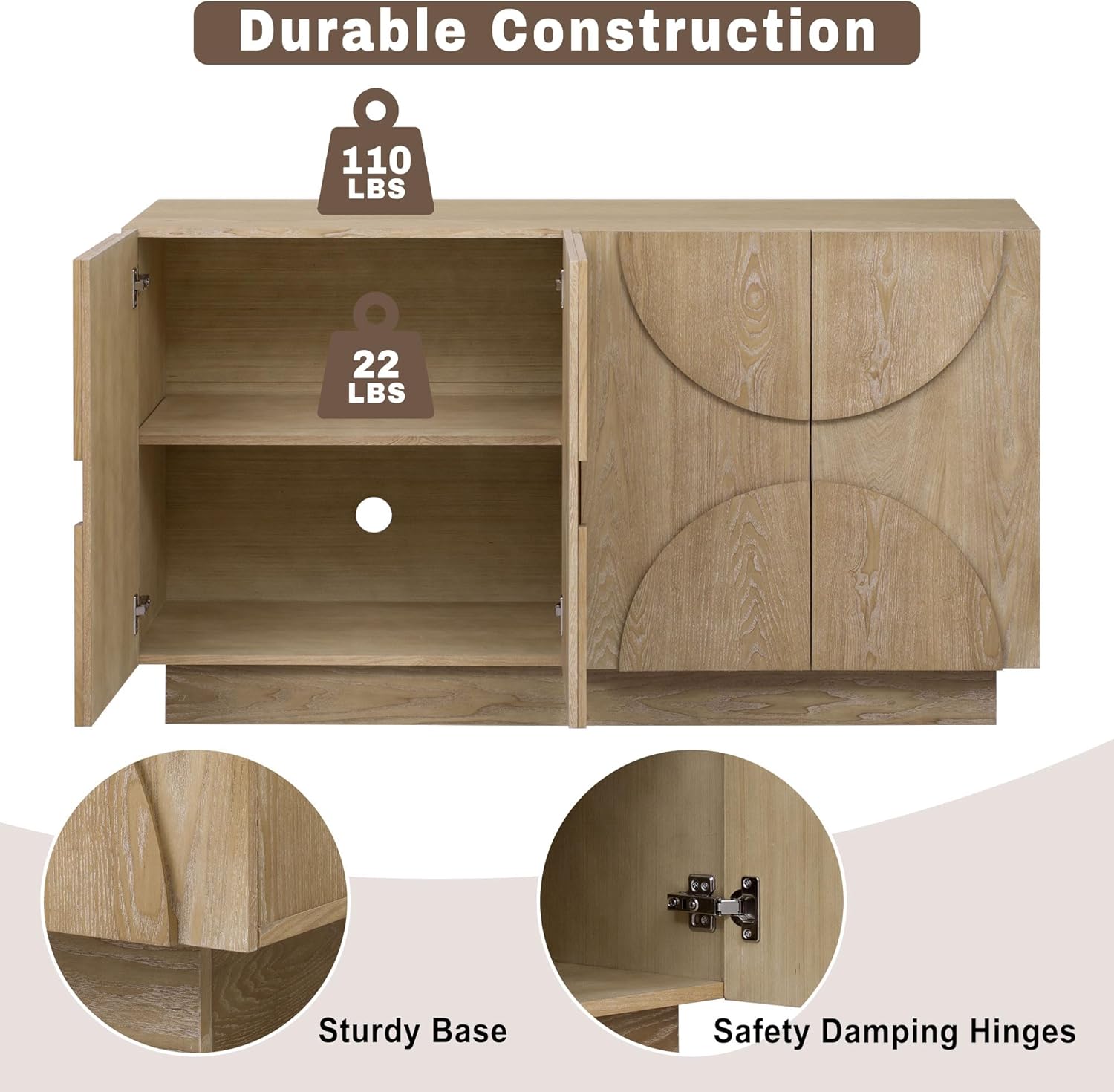 LKTART 56" Modern Sideboard Buffet Storage Cabinet with Solid Wood Veneer, Accent Credenza with Cable Management Hole, Freestanding Storage Console, Natural