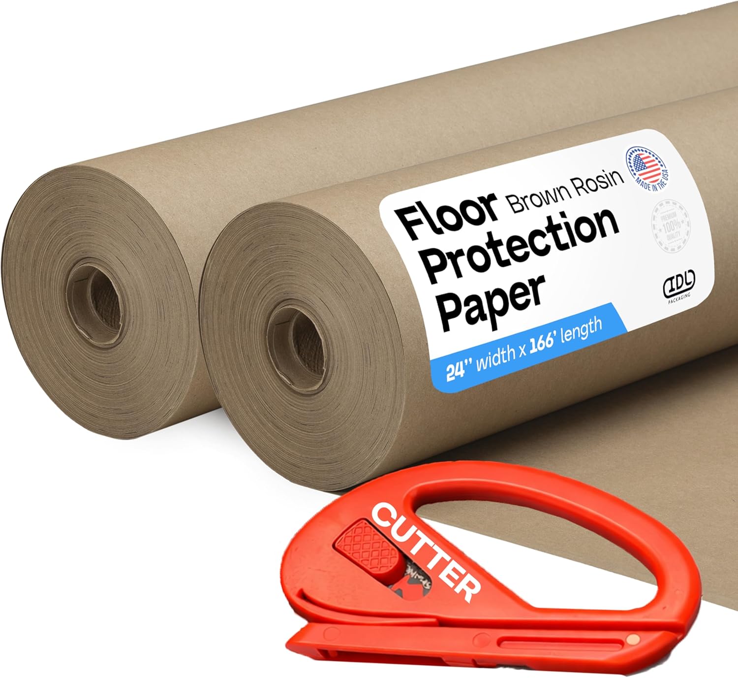 Brown Rosin Masking Paper 24" x 166 feet, 2 Rolls + 1 Cutter – Thick Floor Covering (66 lbs, 664 sq.ft. total) - USA-Made Masking Paper for Painting & Construction, Surface Protection by IDL Packaging