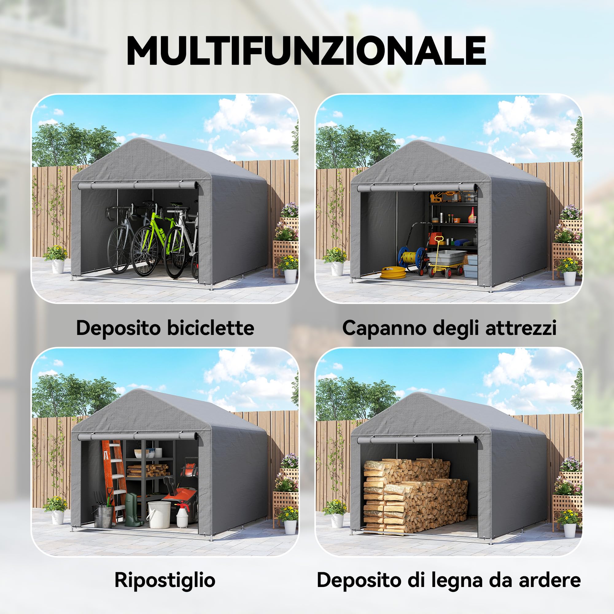 Outsunny 2x2.4 m Garage Moto per Esterno, Tenda Garage con Copertura Impermeabile, Porta Avvolgibile a Cerniera, per Biciclette e Attrezzi in Acciaio Zincato, da Giardino, Grigio Chiaro