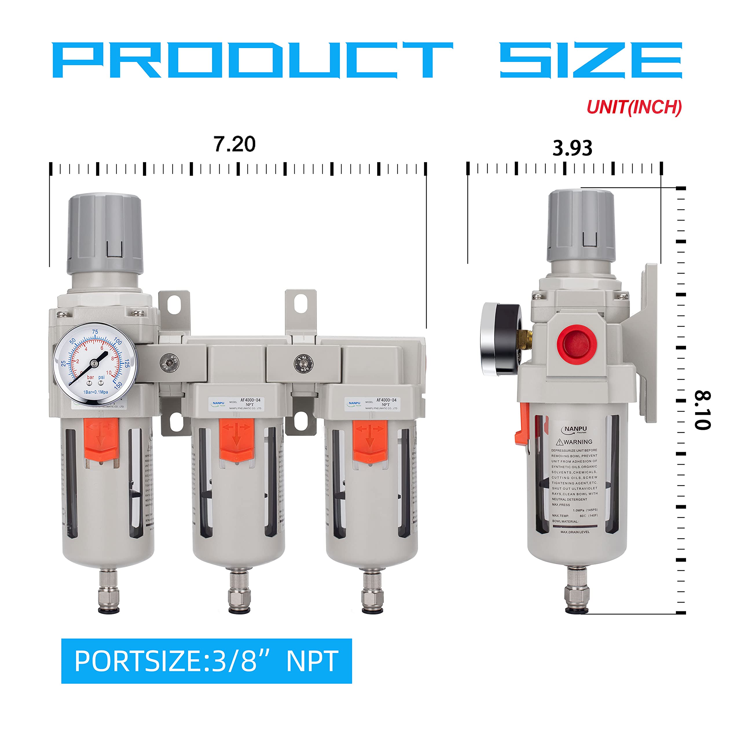 NANPU NPT 6,35 mm, 9,5 mm, 1,27 cm, podwójny filtr powietrza, regulator ciśnienia powietrza, mosiężny element 5 mikronów, manometr 0-150 psi, ręczny drenaż, metalowy uchwyt