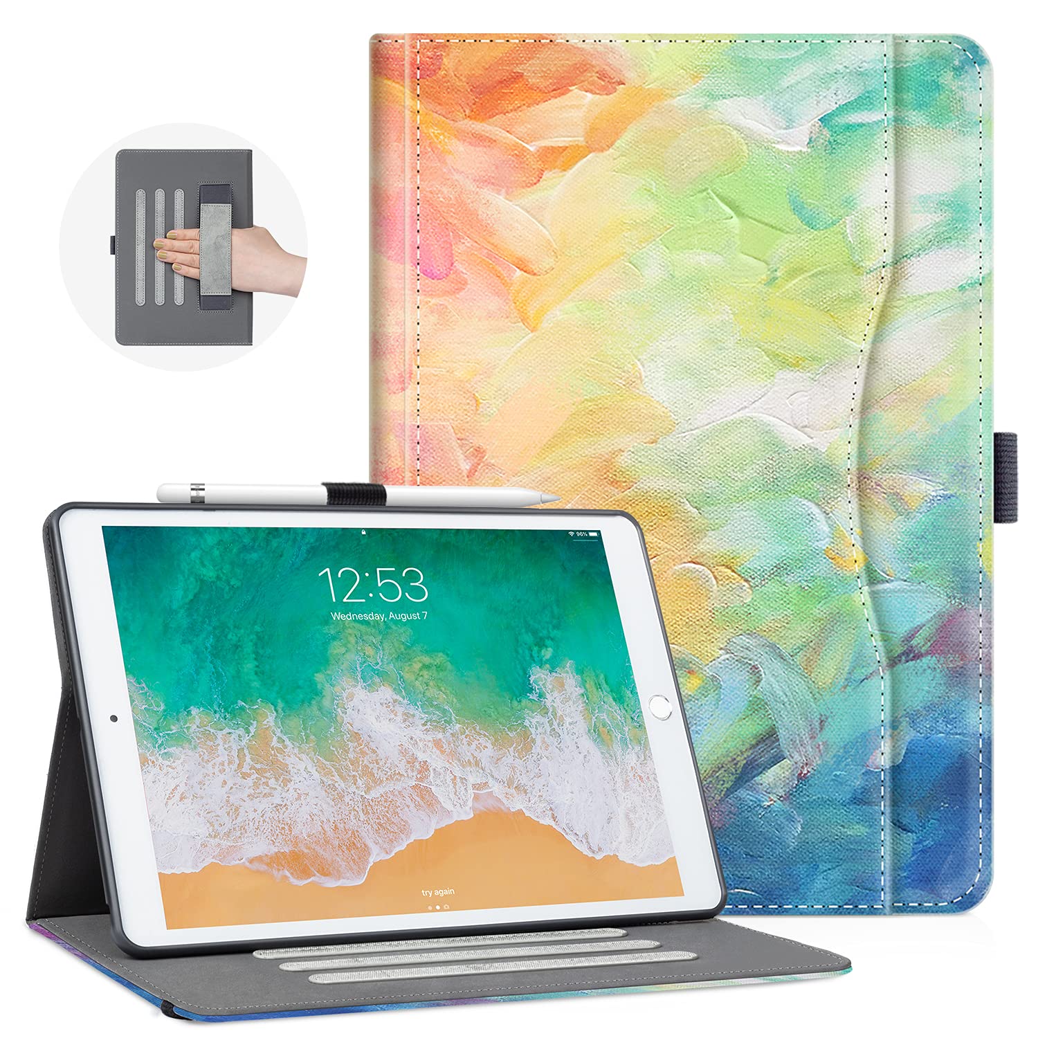 Lalumix iPad 9Th/8Th/7Th Generation Case,iPad 10.2 Case Pencil Holder/Hand Strap/Pocket/Anti-Skid Stripes Adjustable Stand Multi-Angle View/Auto Wake/