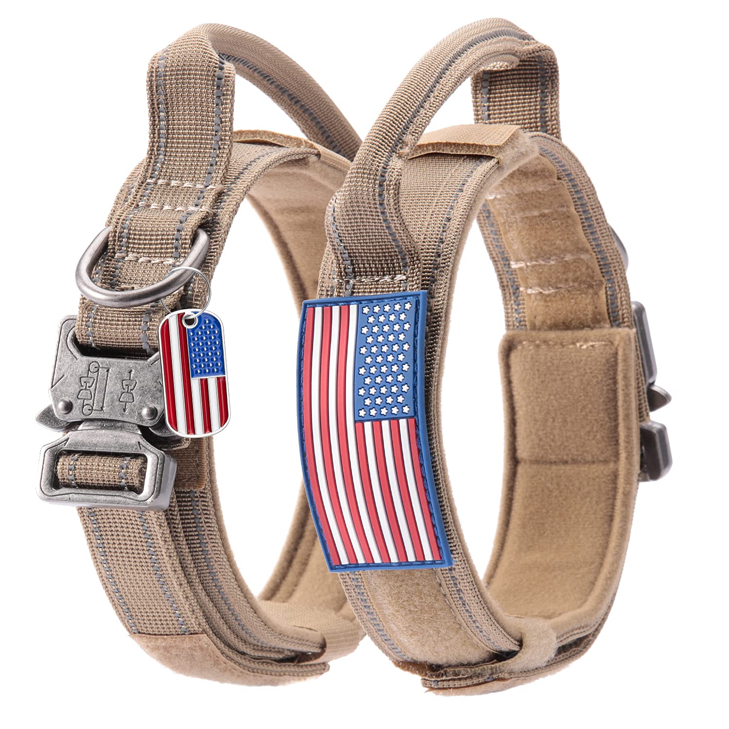 Reflective Tactical Dog Collar Adjustable for Training and Service K9 Dog Collar with Military Nylon Heavy Duty Metal Buckle and Control Handle for Medium and Large Dogs,1.5" Width Brown L