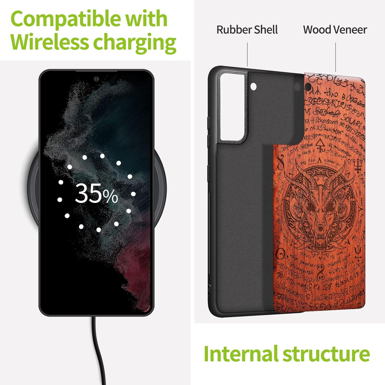 Carveit Wood Case for Galaxy S21 Case [Natural Wood & Black Soft TPU] Shockproof Hybrid Protective Unique Wooden Cover Compatible with Samsung S21 5G (Dragon Skull-Rosy)