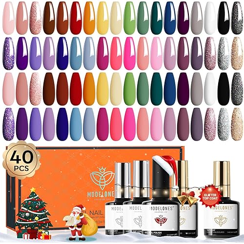 modelones 40 Pcs Gel Nail Polish Set, 36 Colors Winter Orange Yellow Red Nude Brown White Black Gel Nail Polish Kit with Base Coat& Matte Glitter Glossy Top Coat DIY LED Christmas Manicure Gift