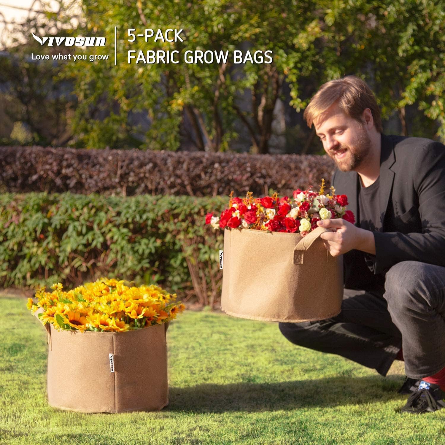 VIVOSUN 5-Pack 10 Gallons Heavy Duty Thickened Nonwoven Fabric Pots Grow Bags with Strap Handles Tan : Patio, Lawn & Garden