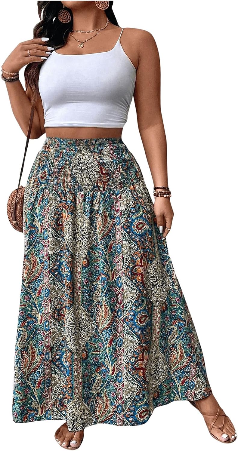 WDIRARA Women's Plus Size Paisley Print Boho Maxi Skirts High Waist Smocked Ruffle Hem A Line Skirt