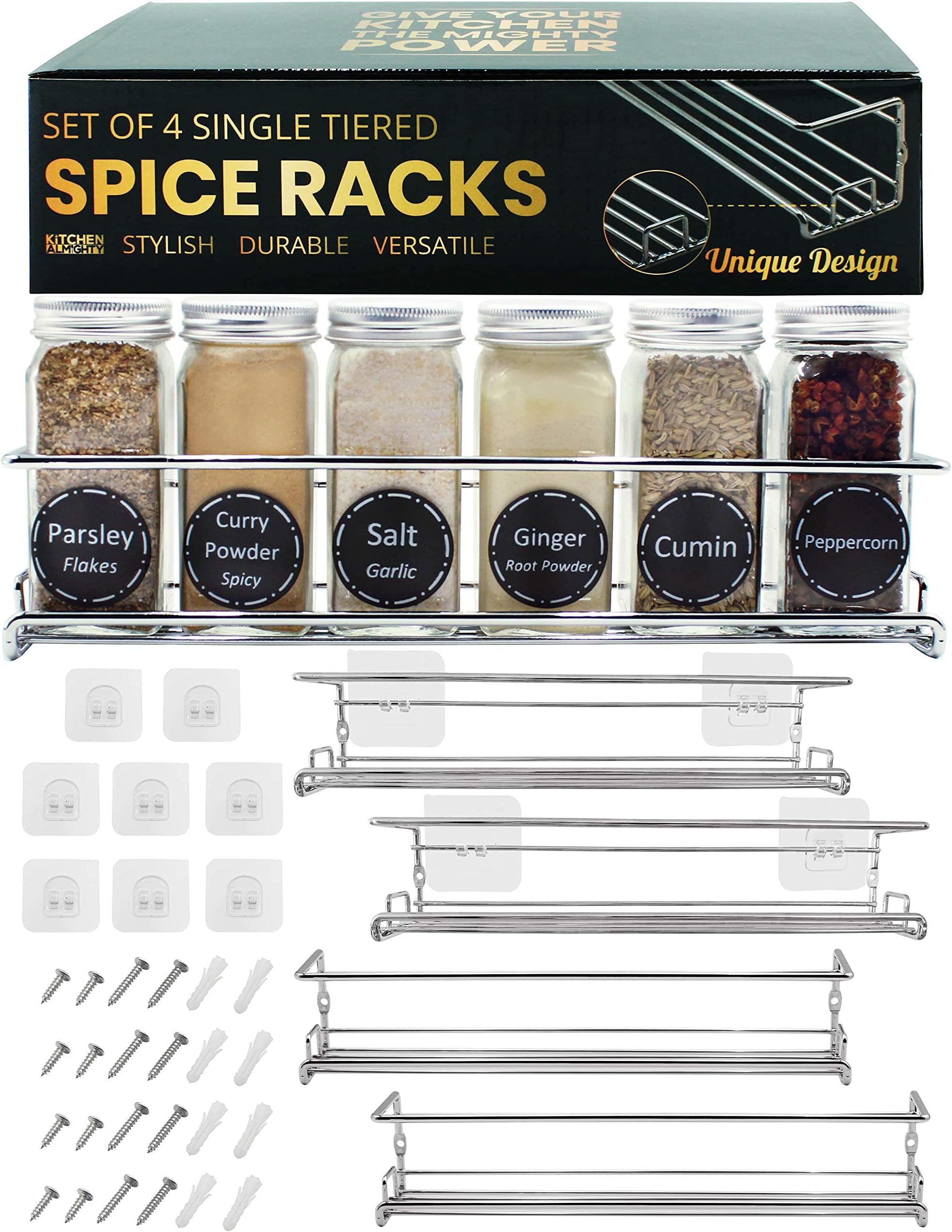 Spice Racks Organizer For Cabinet Door Mount, Wall Mounted: Unique Racks Design to Secure Jars - Set of 4 Spices & Seasoning Chrome Hanging Shelf Kit - Storage in Kitchen, Pantry, Cupboard, Countertop